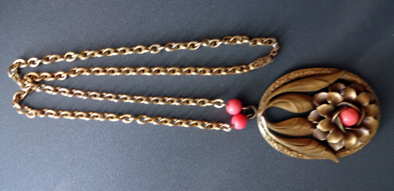 Antique CZECH NEIGER Art Nouveau Egyptian Revival Coral Glass Pendant Necklace