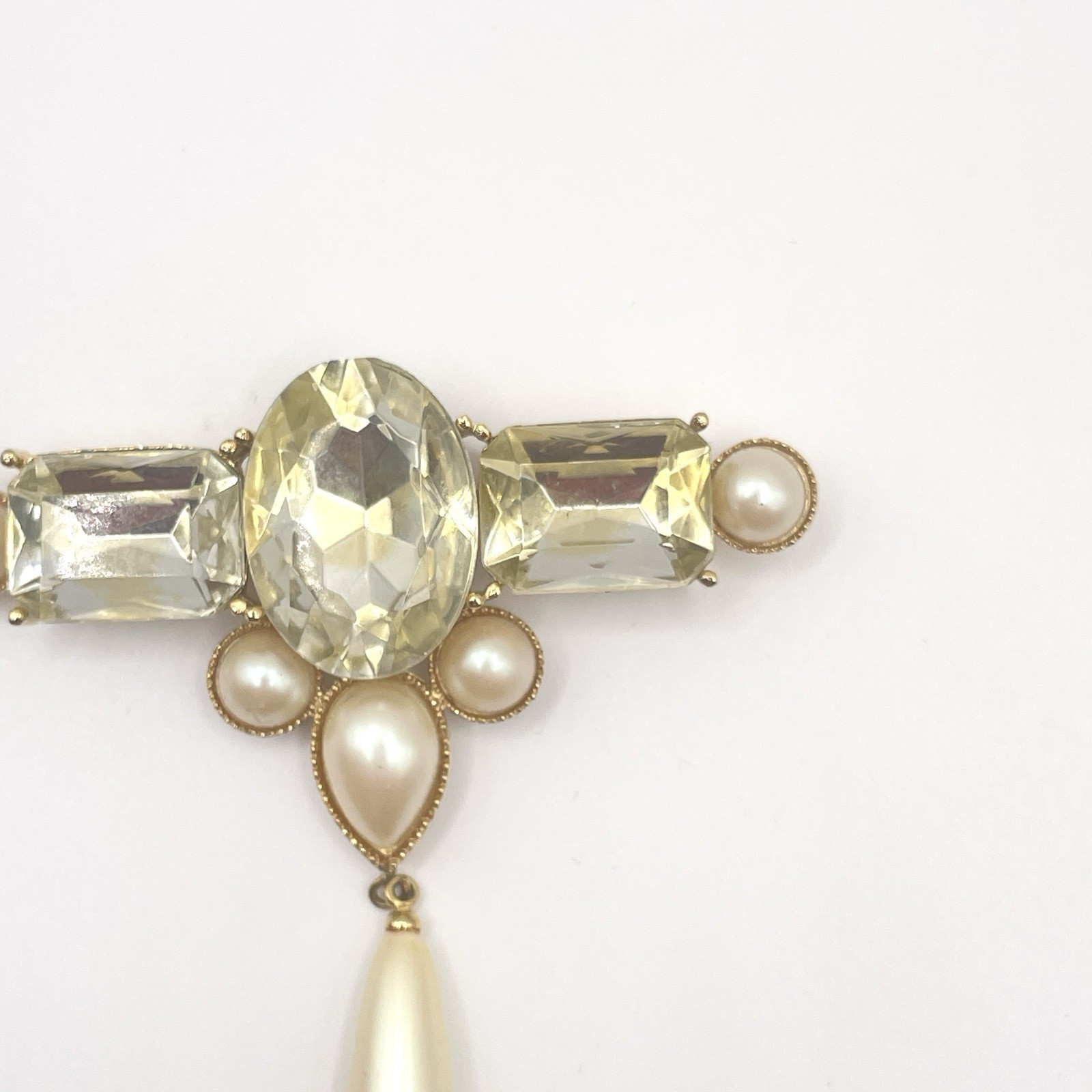 Vintage Richelieu Brooch Gold Faux Pearl & Yellow Glass Crystal Pin 1980s 1990s
