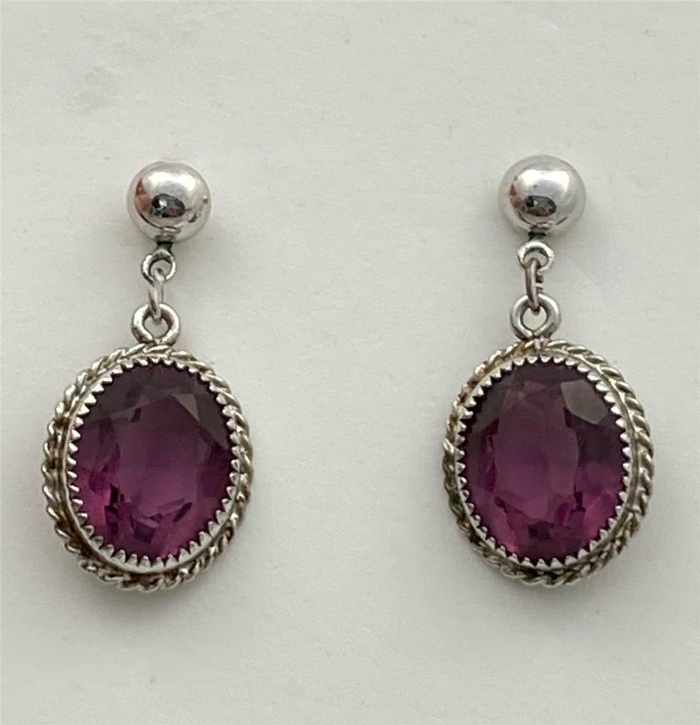 Vintage Faux Amethyst Silver Tone Dangle Drop Post Earrings