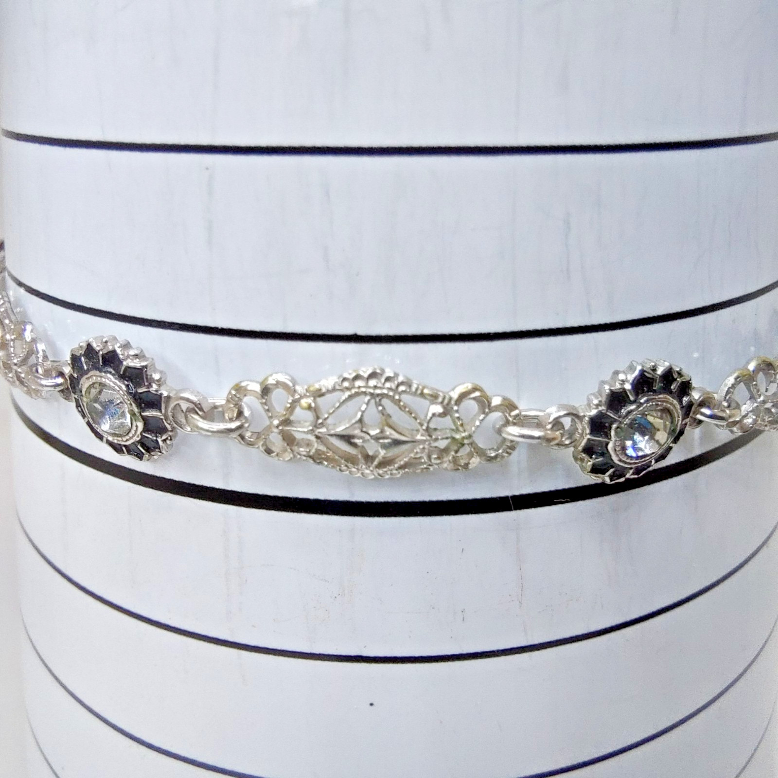 Antique Art Deco Blue Faceted Glass Ornate Filigree Bracelet & Earrings Set