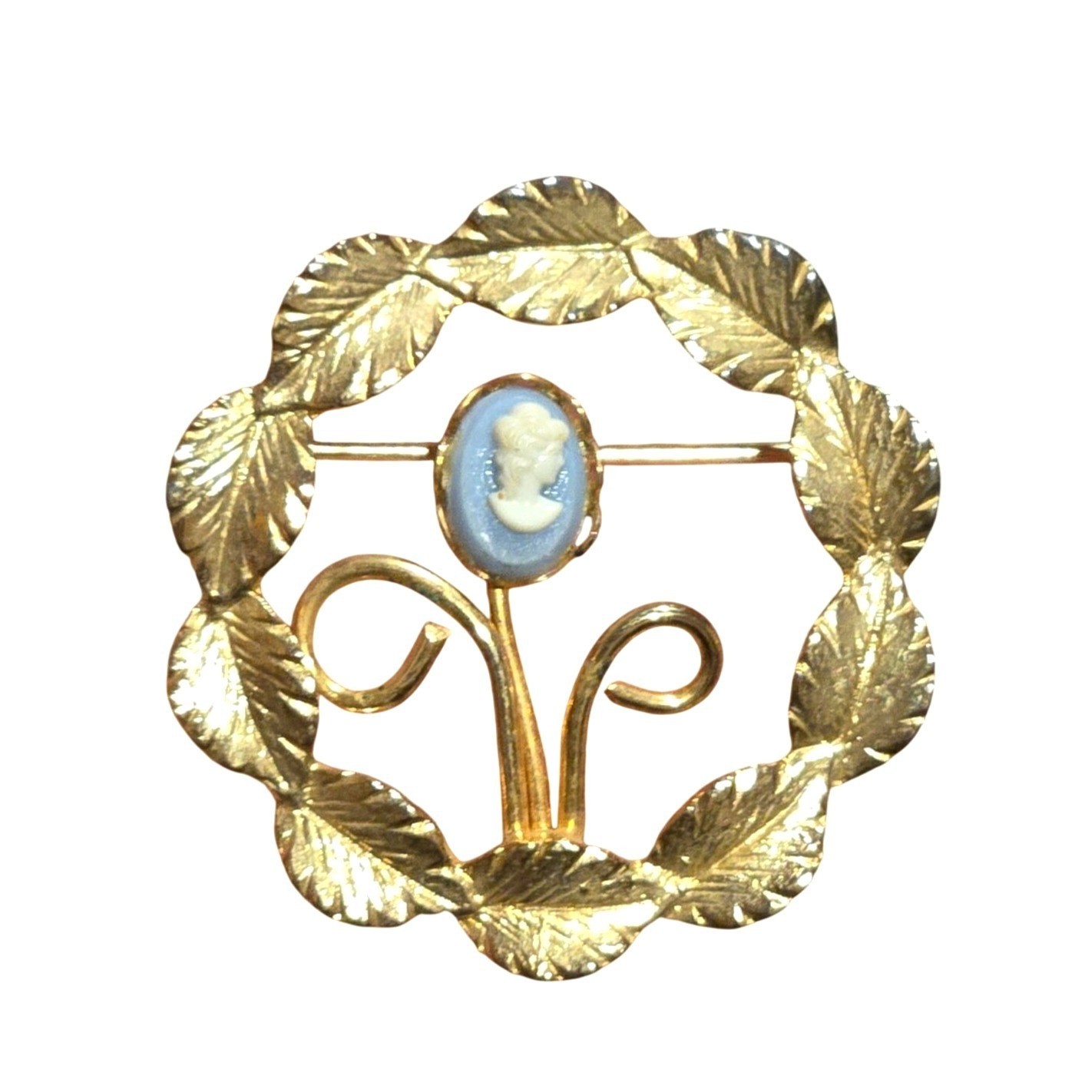 Vintage Cameo Wreath Brooch Leaf Frame Blue White Cameo Pin Victorian Revival