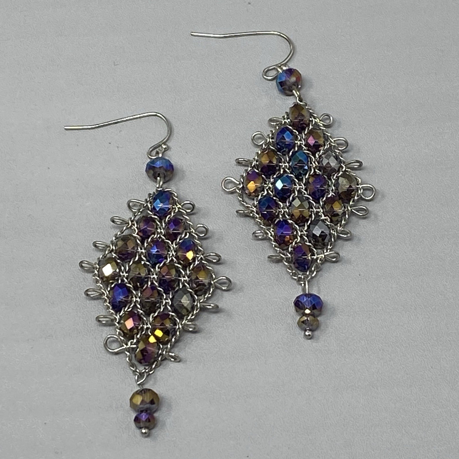 Purple Chandelier Dangle Earrings Pierced Peacock Surface Coated Wire Woven 3″