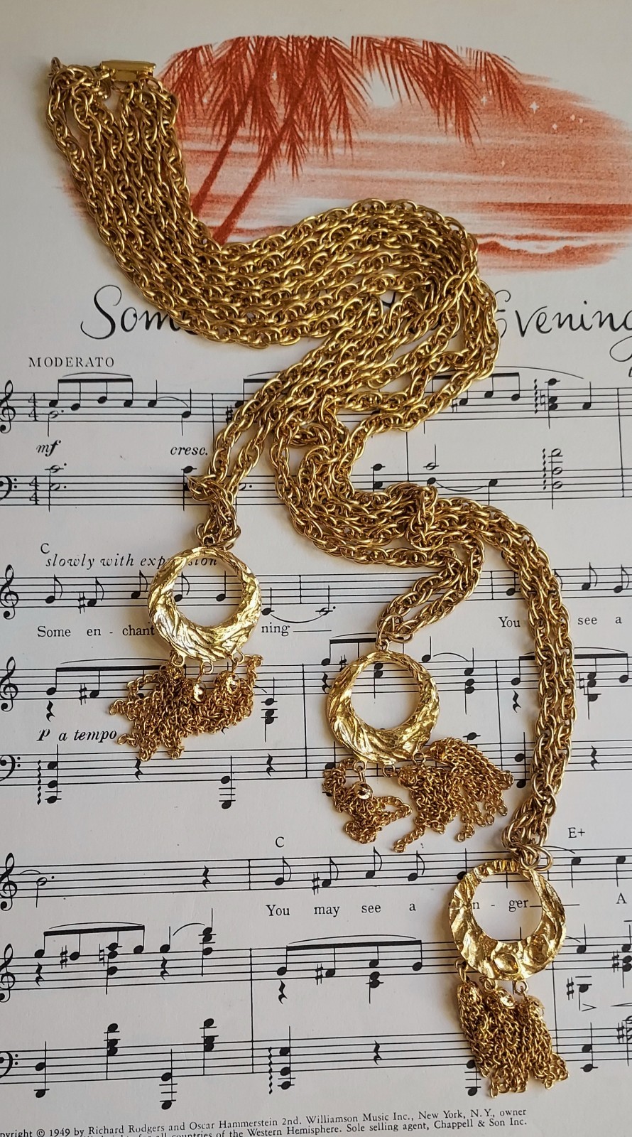 Vintage Multi Strand Festoon Tassel Necklace Circle Pendant Gold Tone Statement