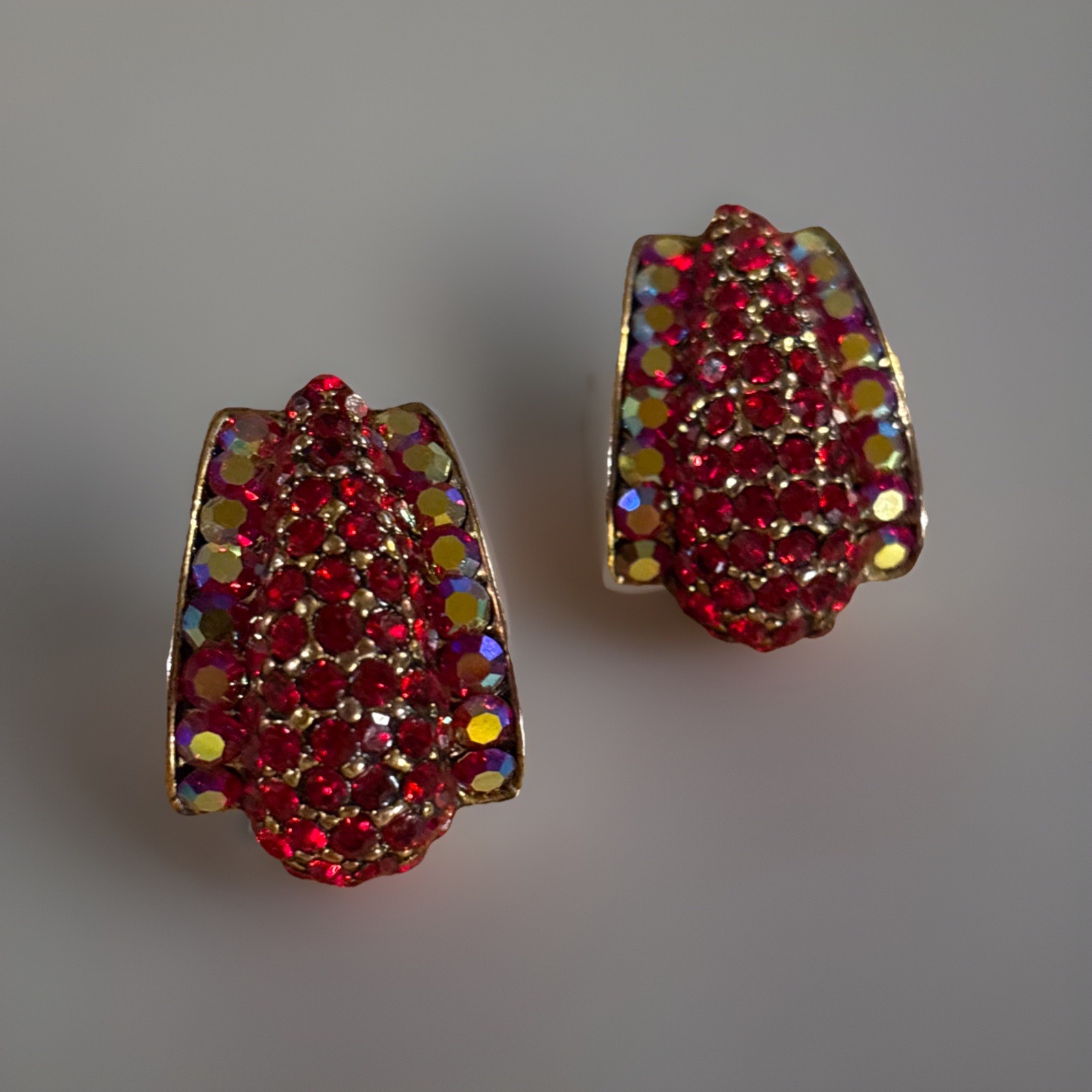 Vintage Red & Iridescent Rhinestone Clip Earrings Gold Tone