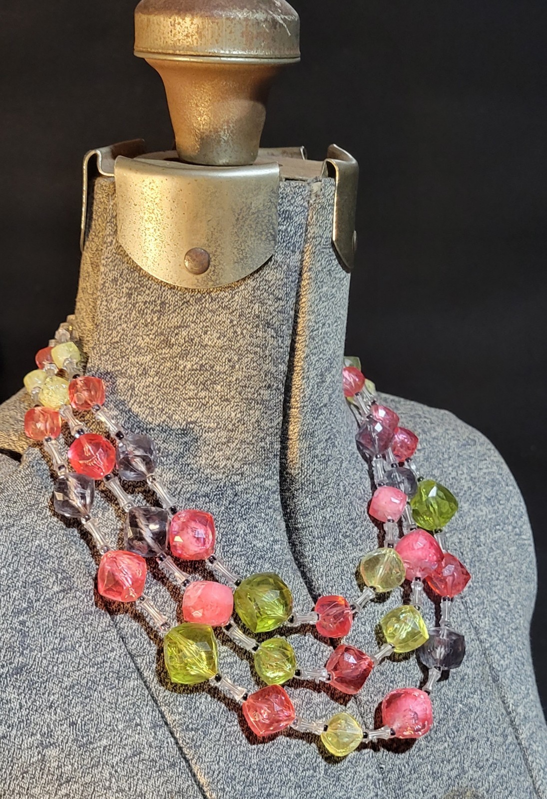 Vintage W. Germany Pink Lime Green Lucite Plastic Triple Strand Choker Necklace