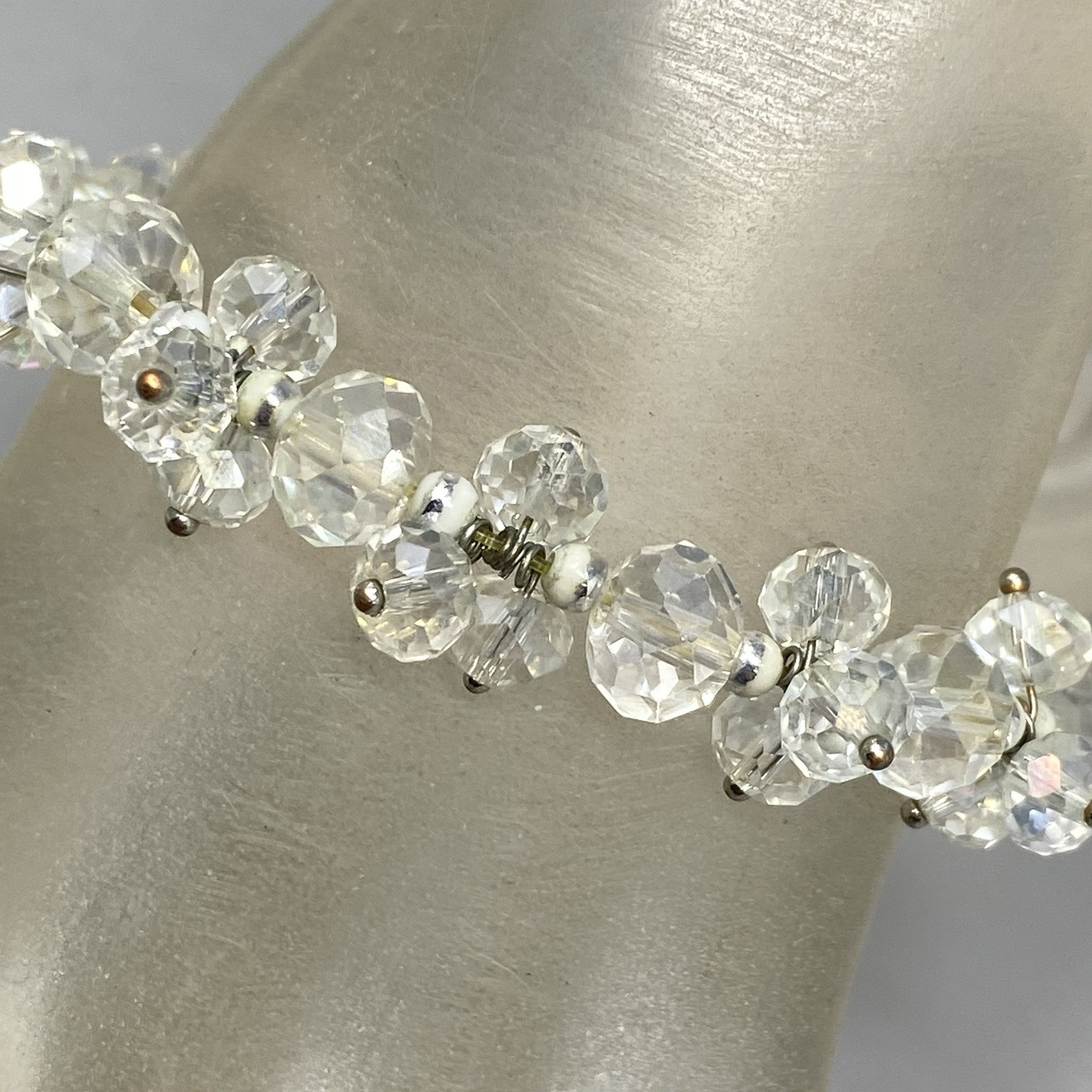 VTG Clear Glass Bead Cluster Bracelet Stretch Fire Polished AB Coated Retro 6.75