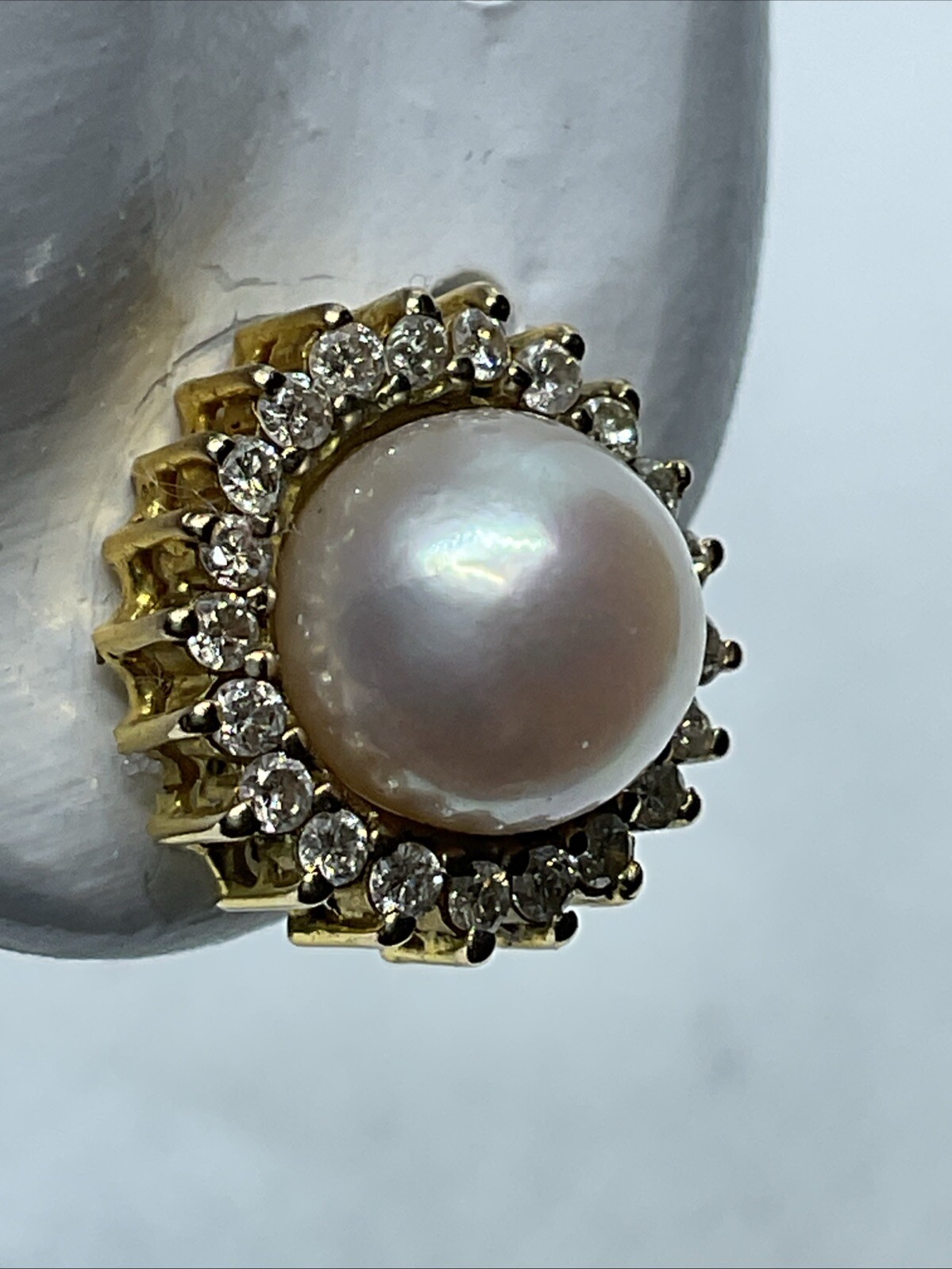 VINTAGE HANDMADE Solid 12K Yellow Gold Pearl & Diamond HALO Style STUD Earrings