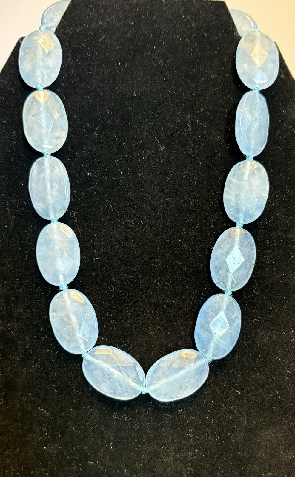 Chalcedony Necklace Natural Blue Quartz Agate Faceted Beads 20″ Chunky Strand
