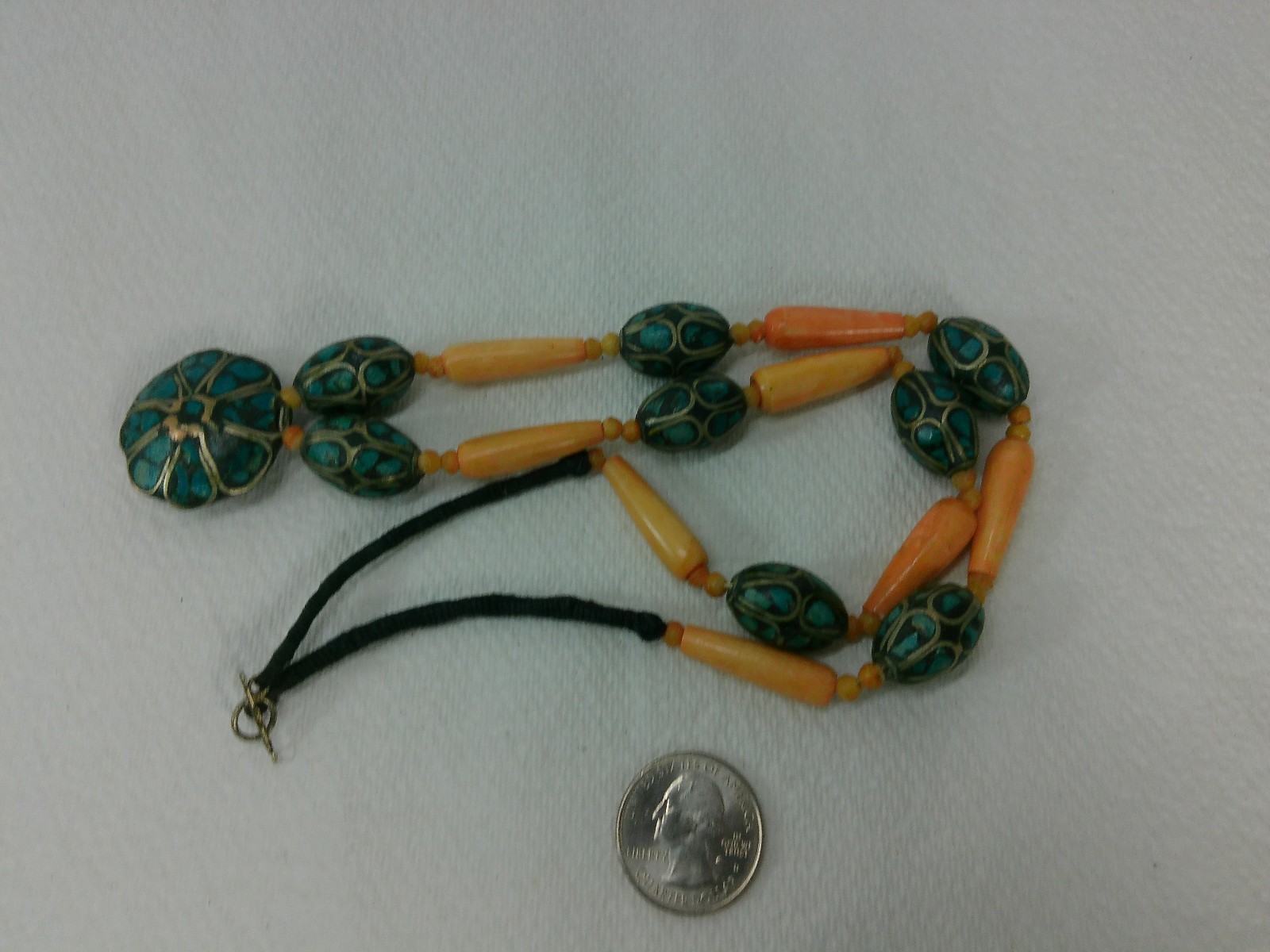 Vtg Turqoise Chip Inlay Silver Cow Bone Beaded Tribal Flower Pendant Necklace