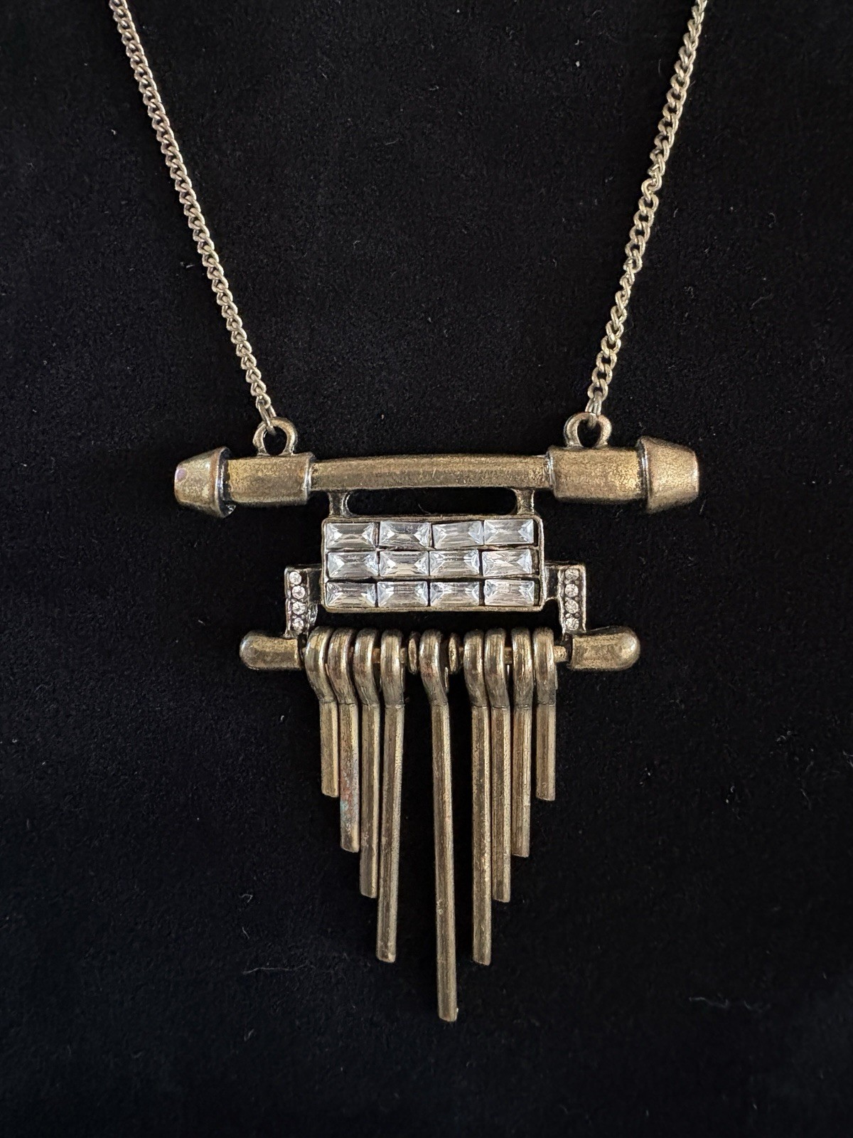 Vintage Plunder Rhinestone & Bronze Tone Necklace Dangle Bar Pendant RETIRED