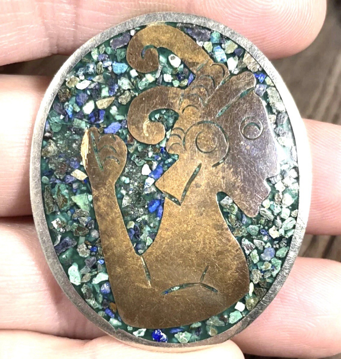 Alpaca Mexico Pendant Stone Chip Inlay Silver Brass Copper Tone Ram Warrior