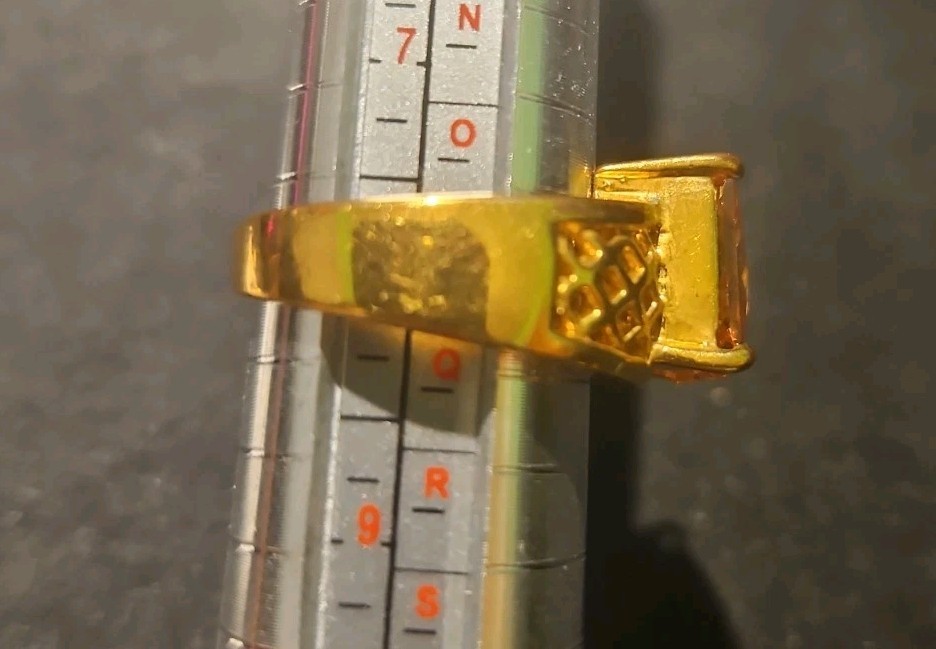 Gold Tone Lattice Statement Ring Amber Orange Citrine CZ Emerald Cut Size 8