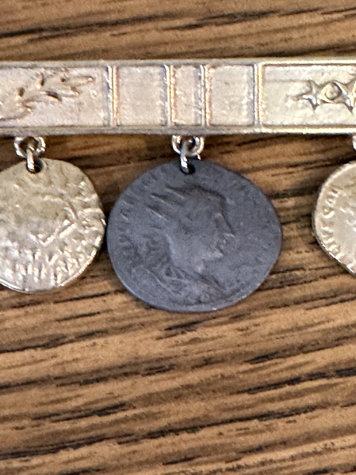 Vintage Brooch Pin ~ 4 Coin Charm Runway Bar Dangle Drop Mixed Metals ~ 2.75″