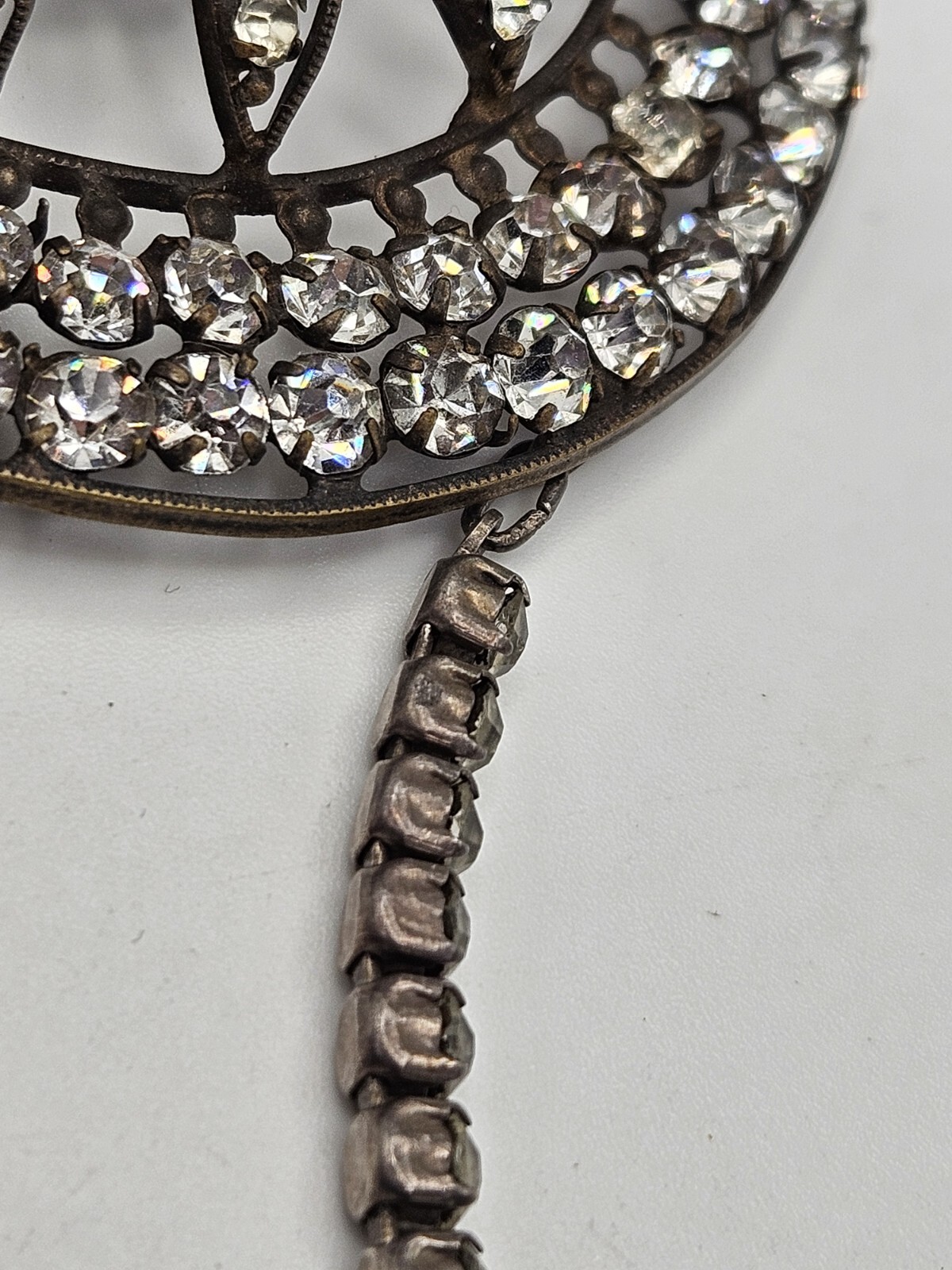 As Is Vintage Silver Tone Clear Rhinestones Ornate Pendant Collar Necklace