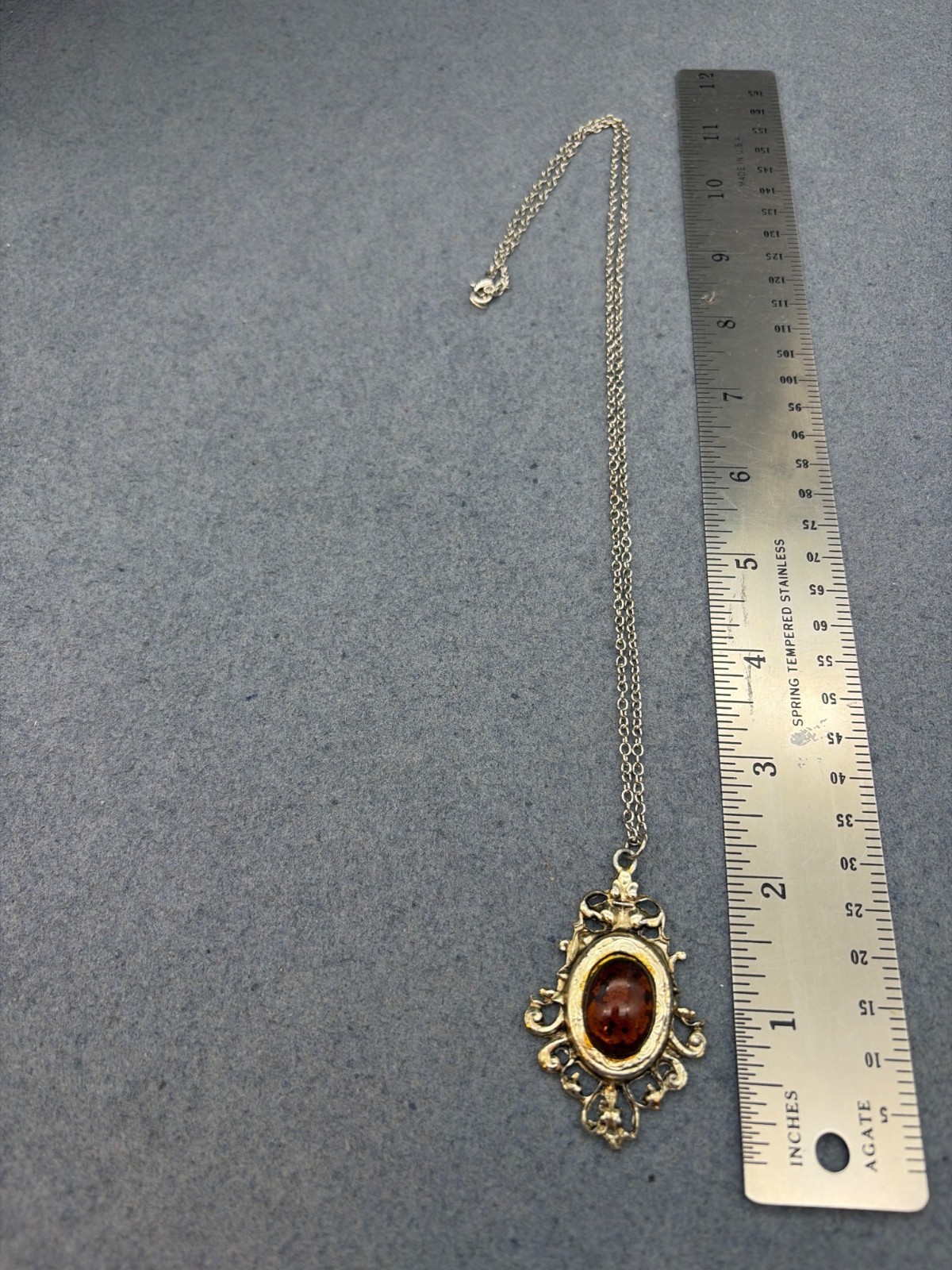 Vintage Ornate Pendant Necklace 24 In As Is Gold Amber Oval Domed Stone Silver
