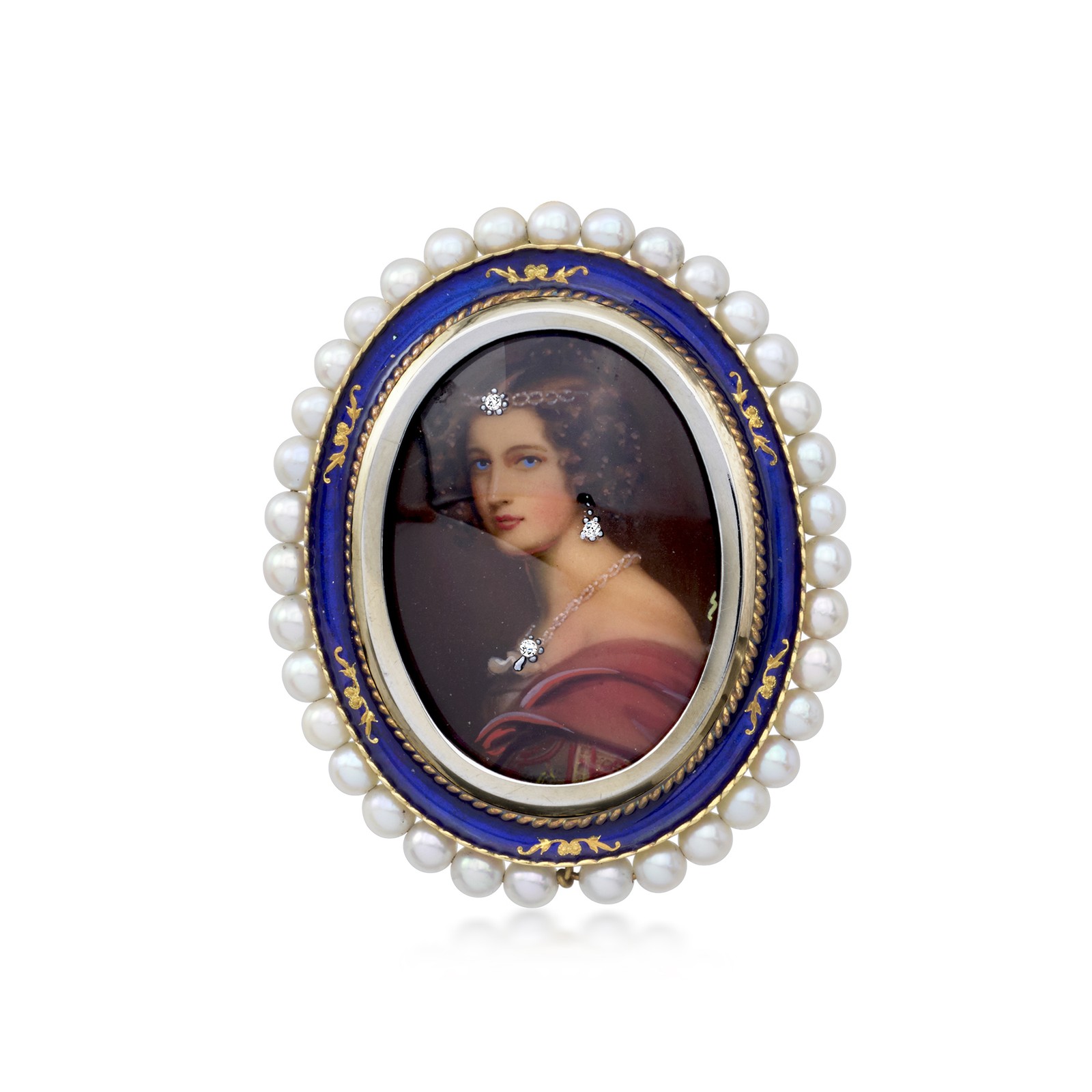 Vint Left-Facing Painted Portrait Pin/Pendant w Diamonds & 3.3mm Cult Pearls in