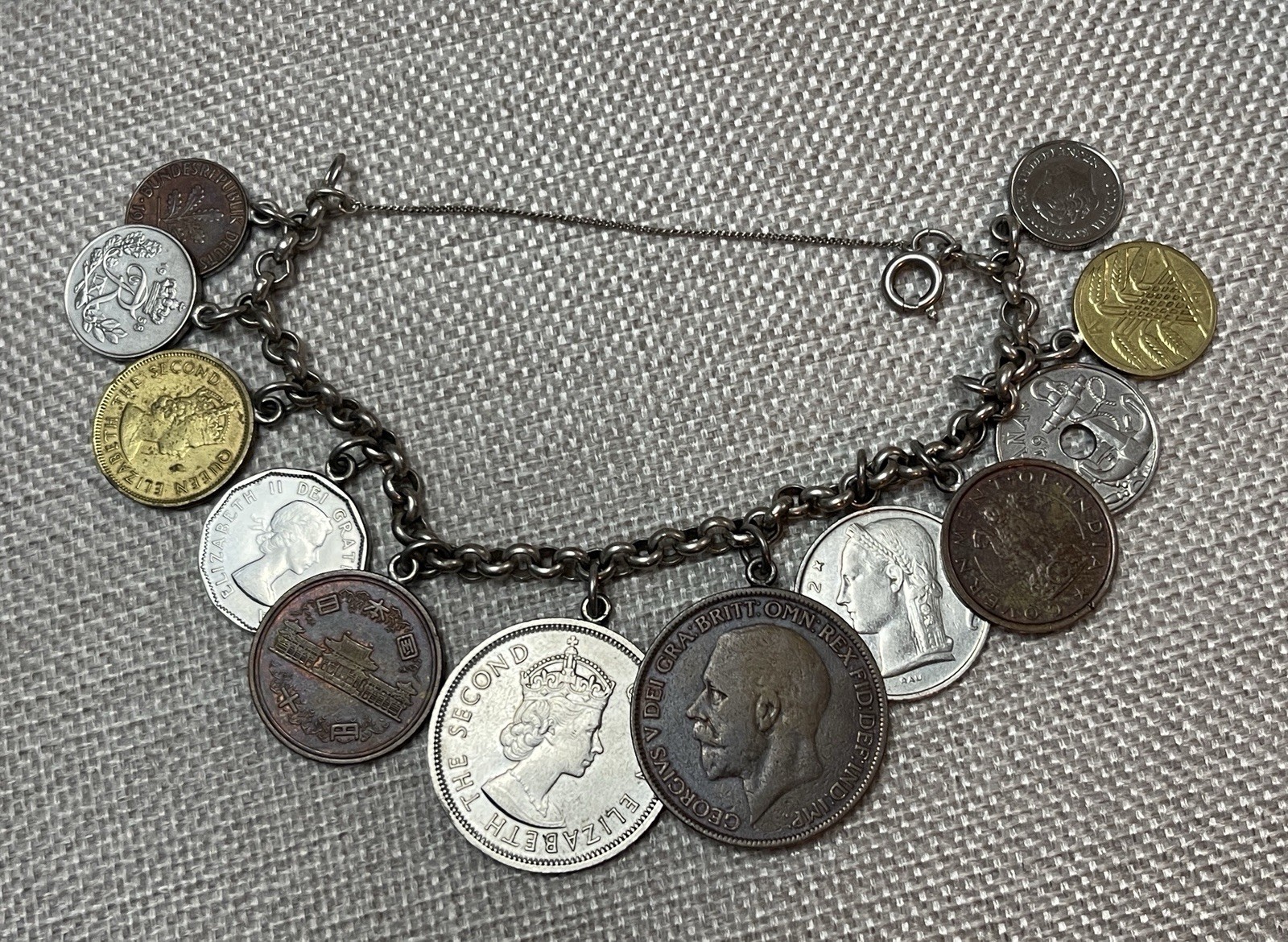 Vintage 1950s 925 Sterling Silver Foreign Coin Charm Bracelet 6.5” Inch