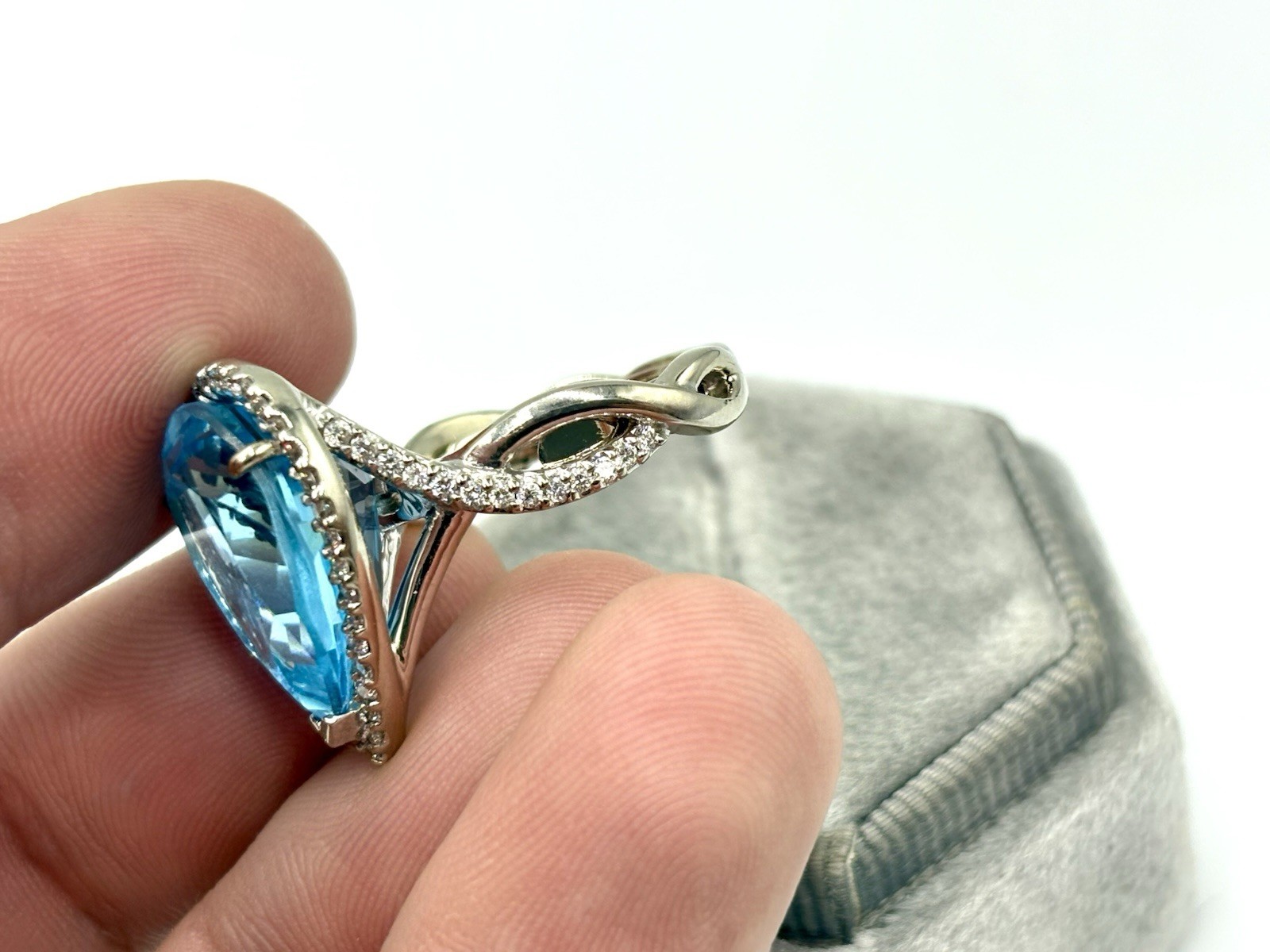 14K White Gold Pear Shape Blue Topaz Diamond Halo Ring