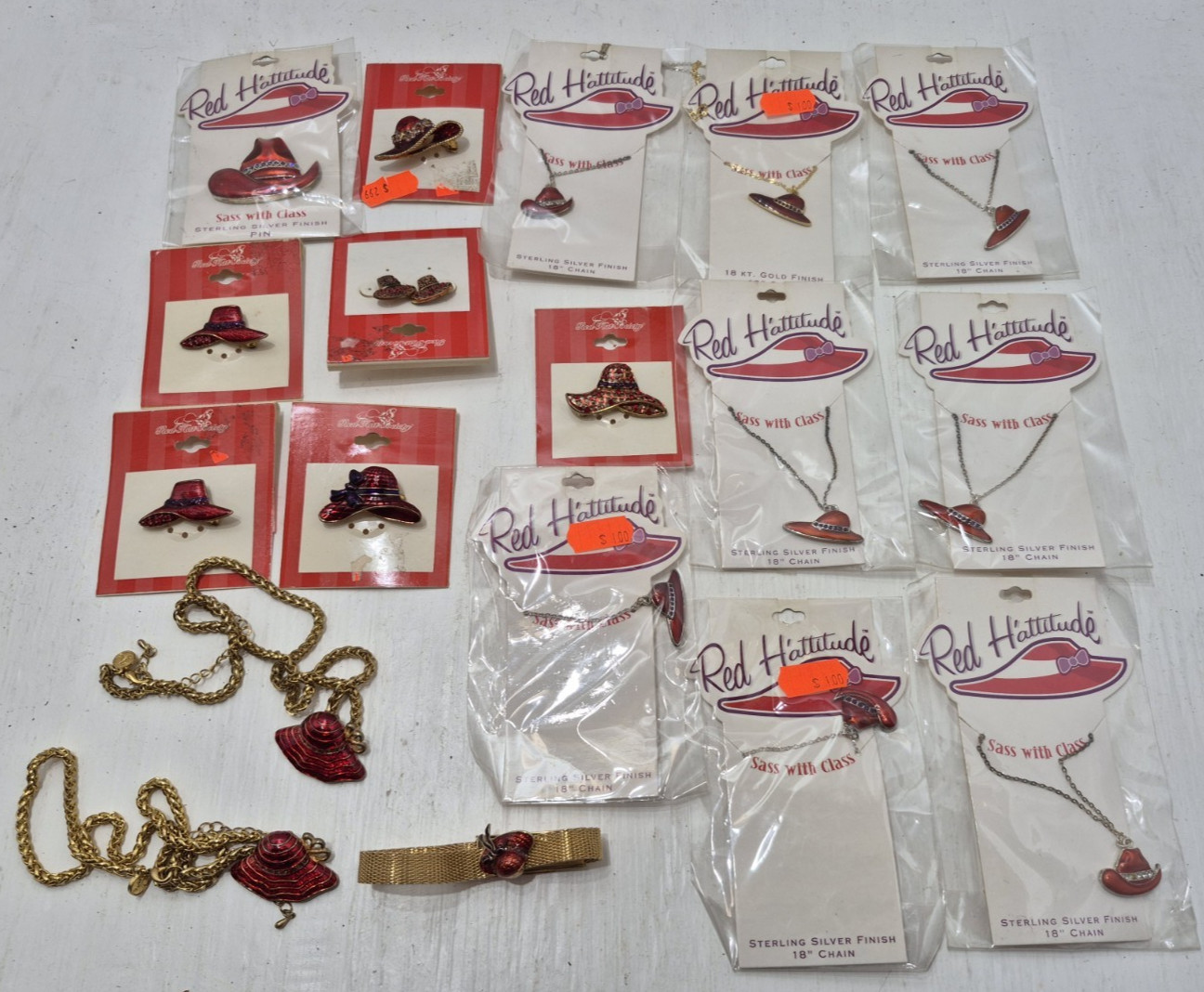 Lot Vintage Red Hat Society Brooch Pin Necklace Earrings Bracelets NOS Jewelry