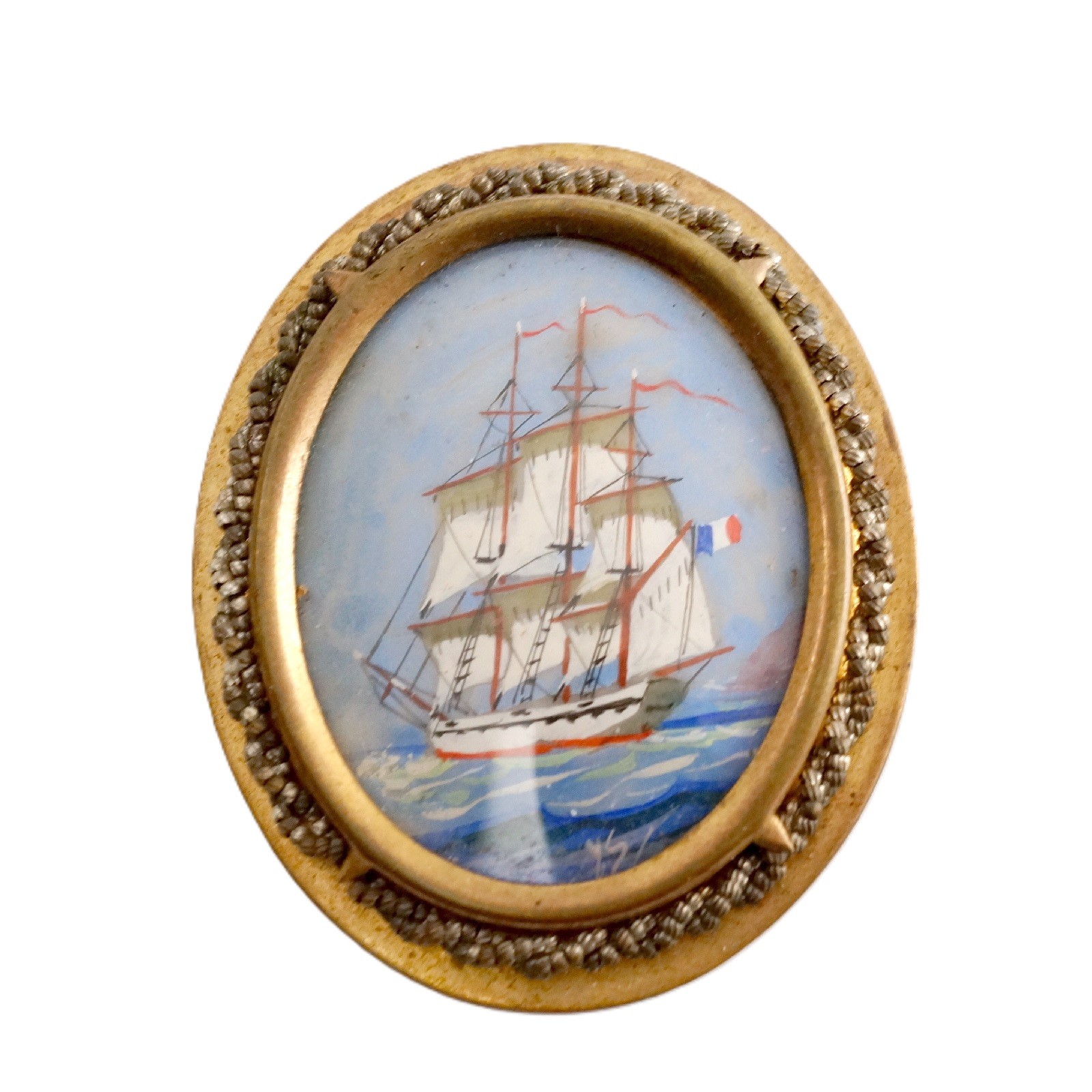Antique Victorian Miniature Hand Painted Brooch French Clipper Sailing Ship 2″