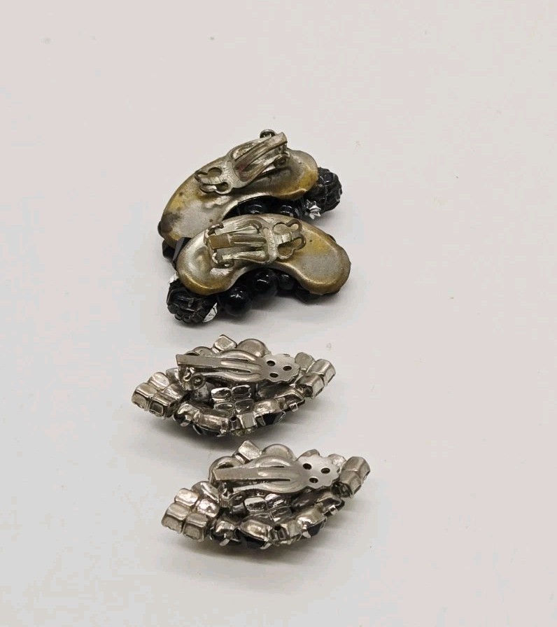Art Deco Clip on Earrings Lot Set of 2 Black with White Crystal Silver Tone Vtg
