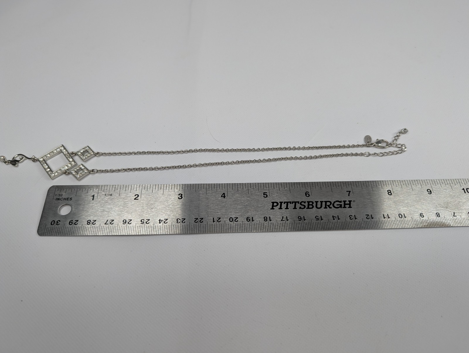 Baby Phat Signed Rhinestone Geometric Station Necklace Cat Logo Charm Silver 18″