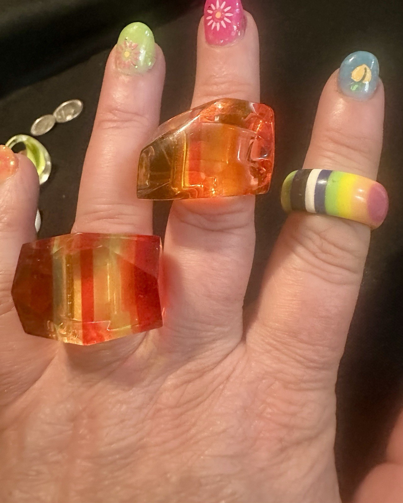 Lot Of 19 Vintage Acrylic Lucite Glass Chunky Retro Rings