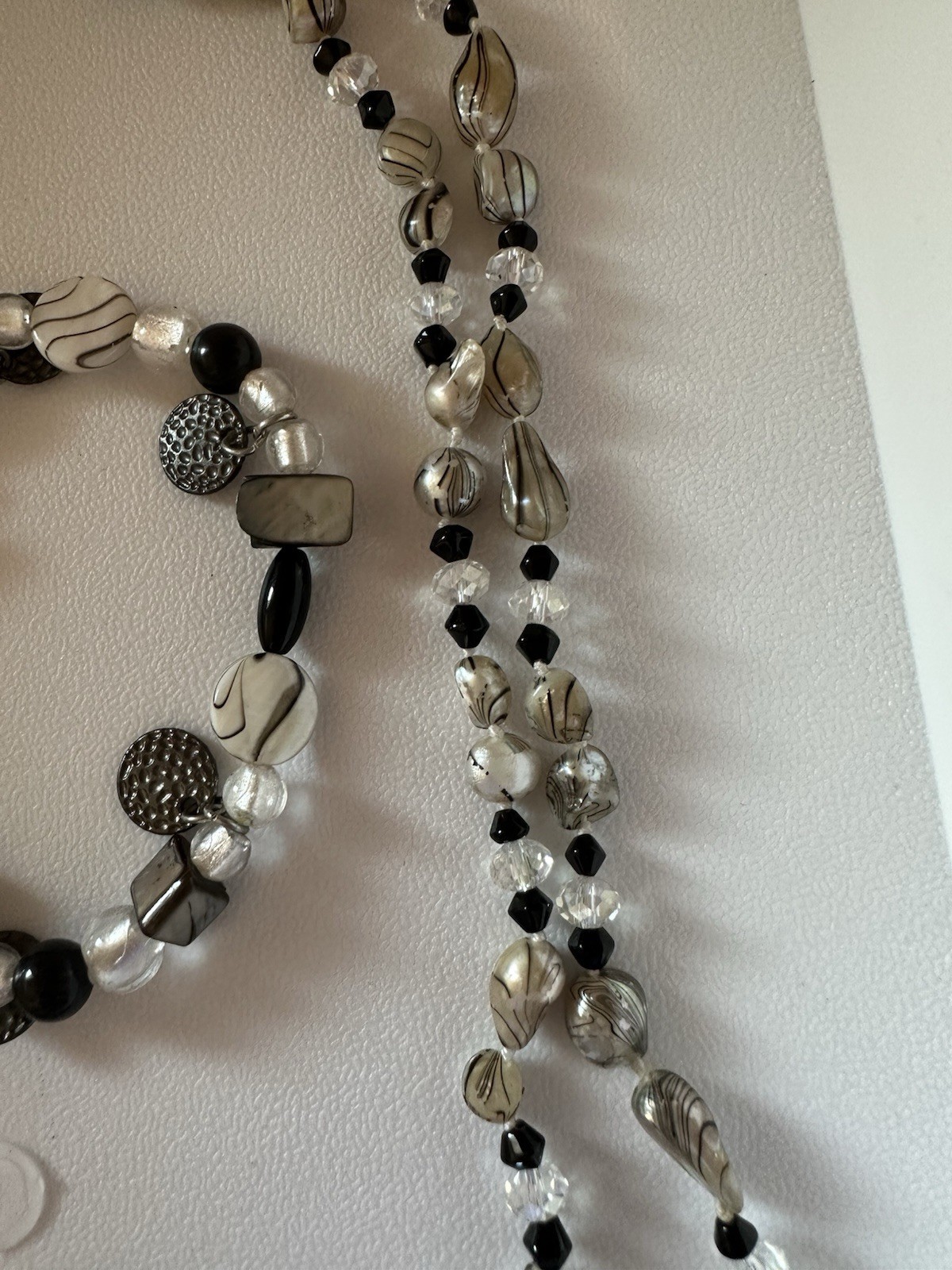 Vintage Black And Silver Glass Beaded Necklace 58” And 4 Stretch Bracelets