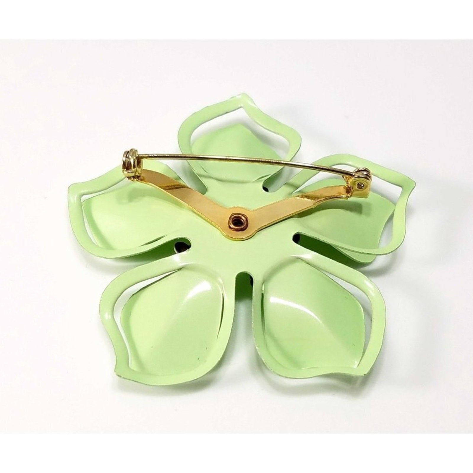 Vintage Light Green Flower Brooch, Enamel On Metal, 1960s, 2 3/8 Inches
