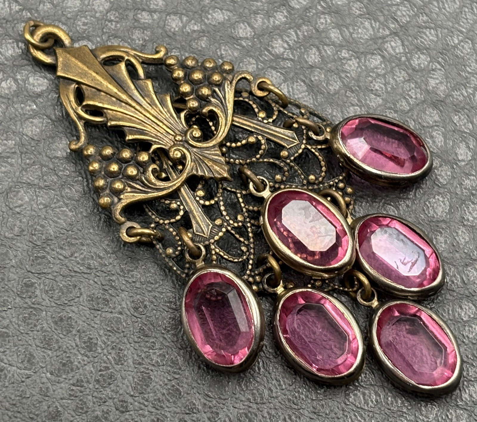 VTG Nouveau Revival Brass Tone Crystal Station Pendant Filigree Chandelier Style