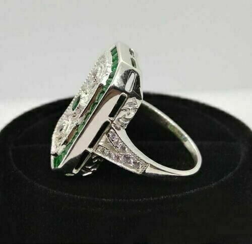 1/2 CTW Green Round Cut Simulated Diamond Art Deco Antique Style Ring 925 Silver