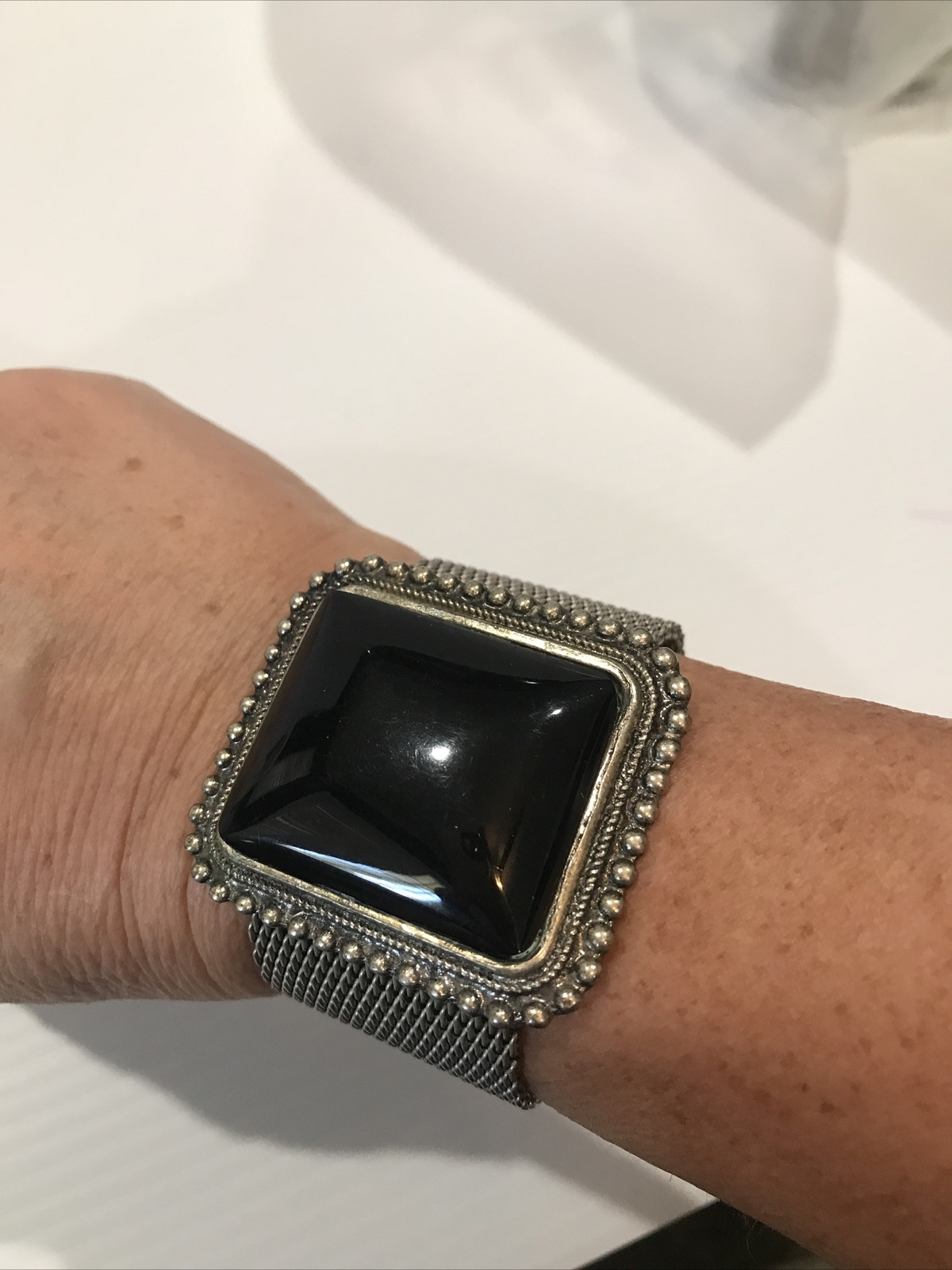 Chunky Vintage Look Silver Tone With Black Central Stone Art Deco Mesh Bracelet
