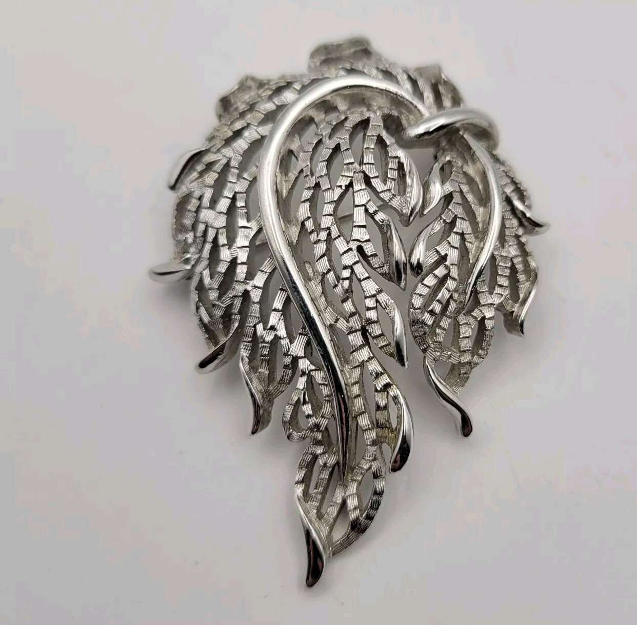 Vintage Crown Trifari Brooch Silver Tone Nature Leaf Swag Matte Polished Signed