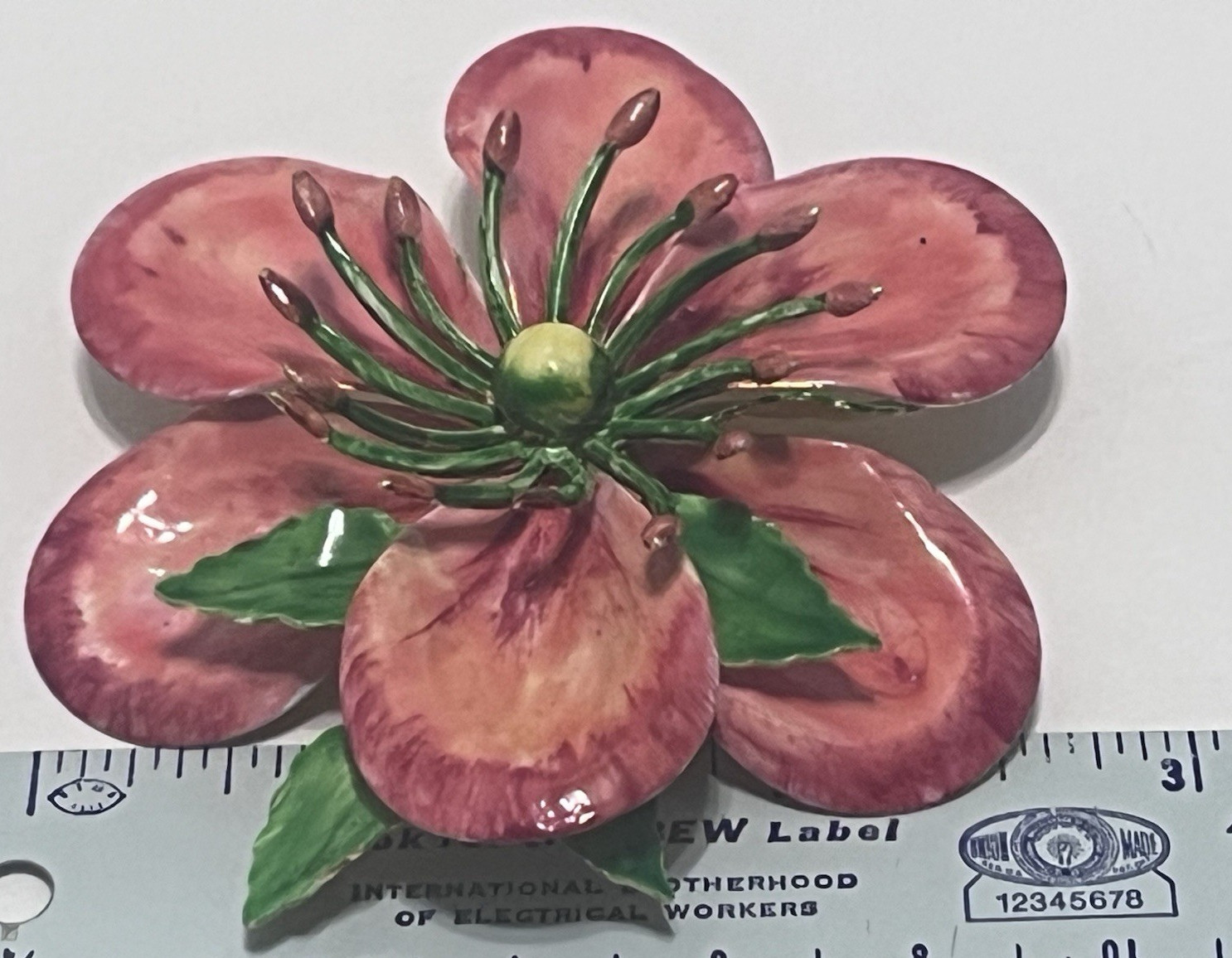 Vtg Hattie Carnegie Enamel Flower Brooch W/ 3D Pink Petals And Green Pistils