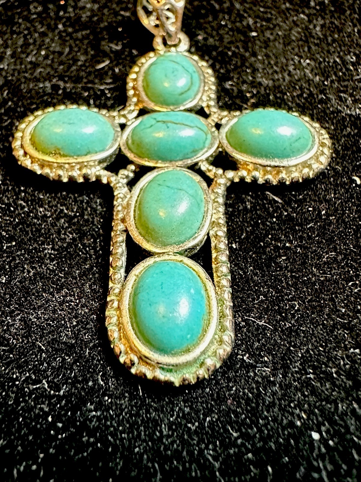 Vintage 1.5” South western style Silver Toned Faux Turquoise Cross