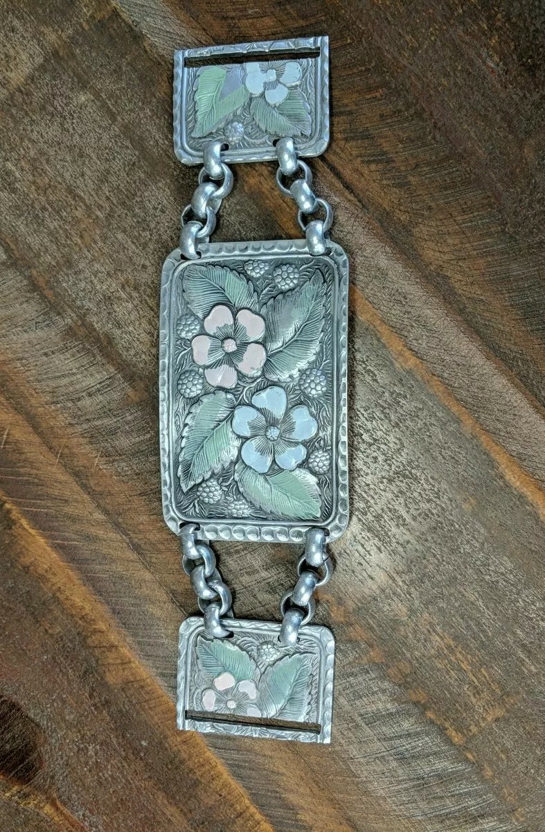 1940s Hammered Aluminum Arts&Crafts Belt Extension? Dogwood Raspberries Enamaled