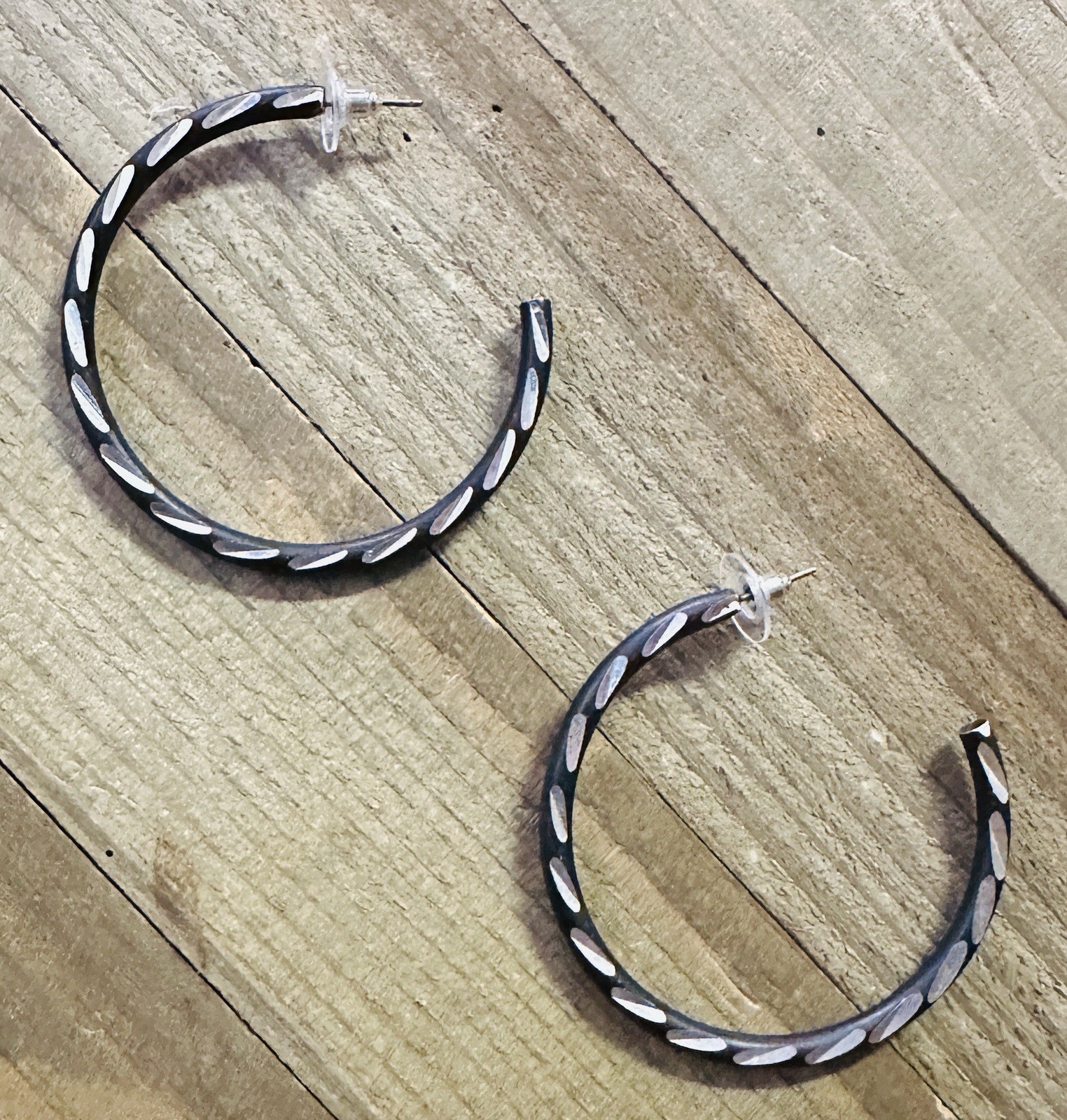 Vintage Silver Black Tone Textured Hoop Earrings 2”