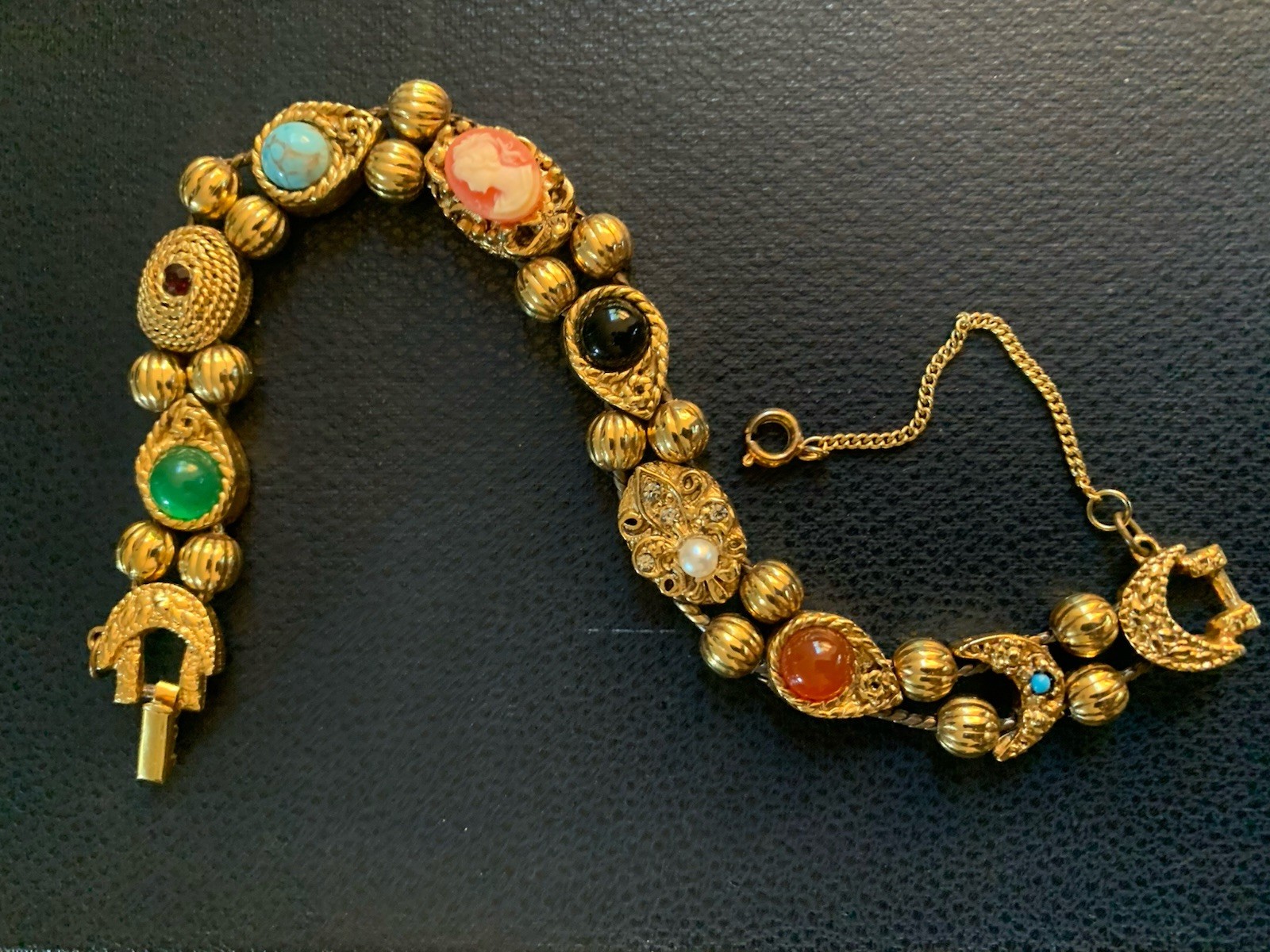 Vintage Victorian charm slide bracelet Gold Tone Faux Gemstones Free Ship