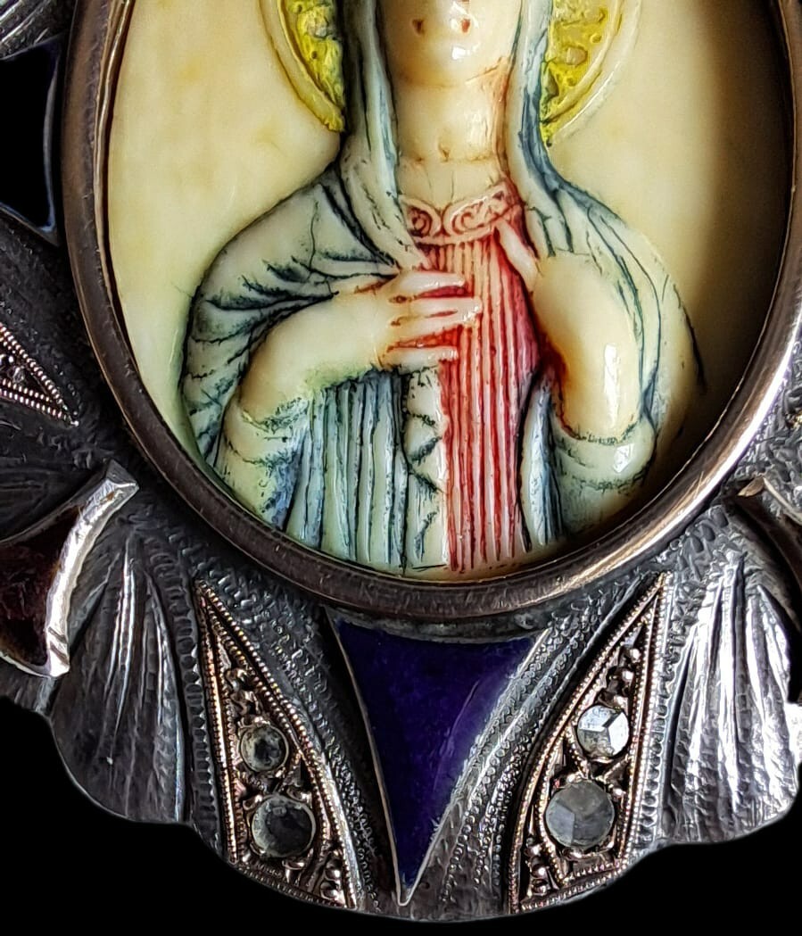 Fine Antique Art Nouveau Silver Gold Enamel Virgin Mary Madonna Pendant Ca 1900