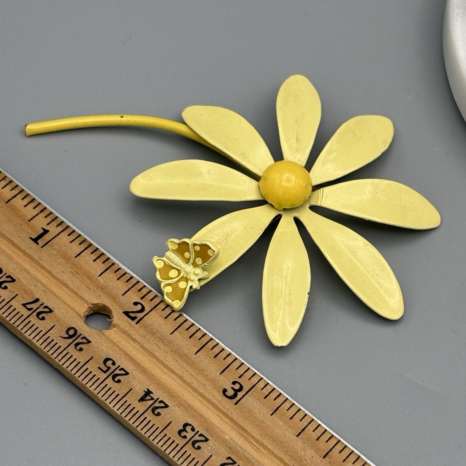 Vintage Enamel Flower Brooch with Butterfly Cheery Yellow Statement PIn