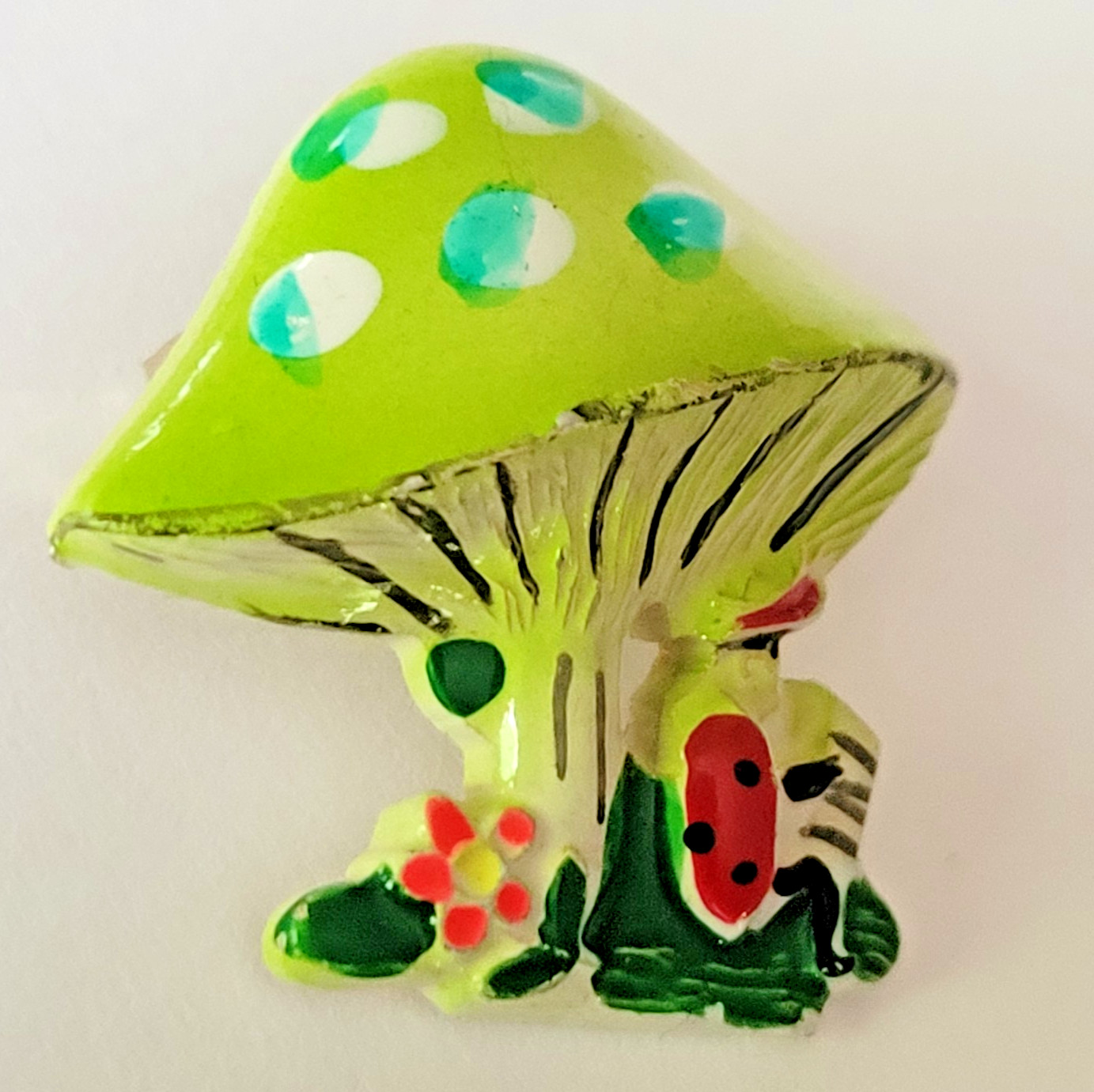 Vtg Painted Mushroom Brooch 3D Pin Man playing Accordion Signed Korea Whimsical