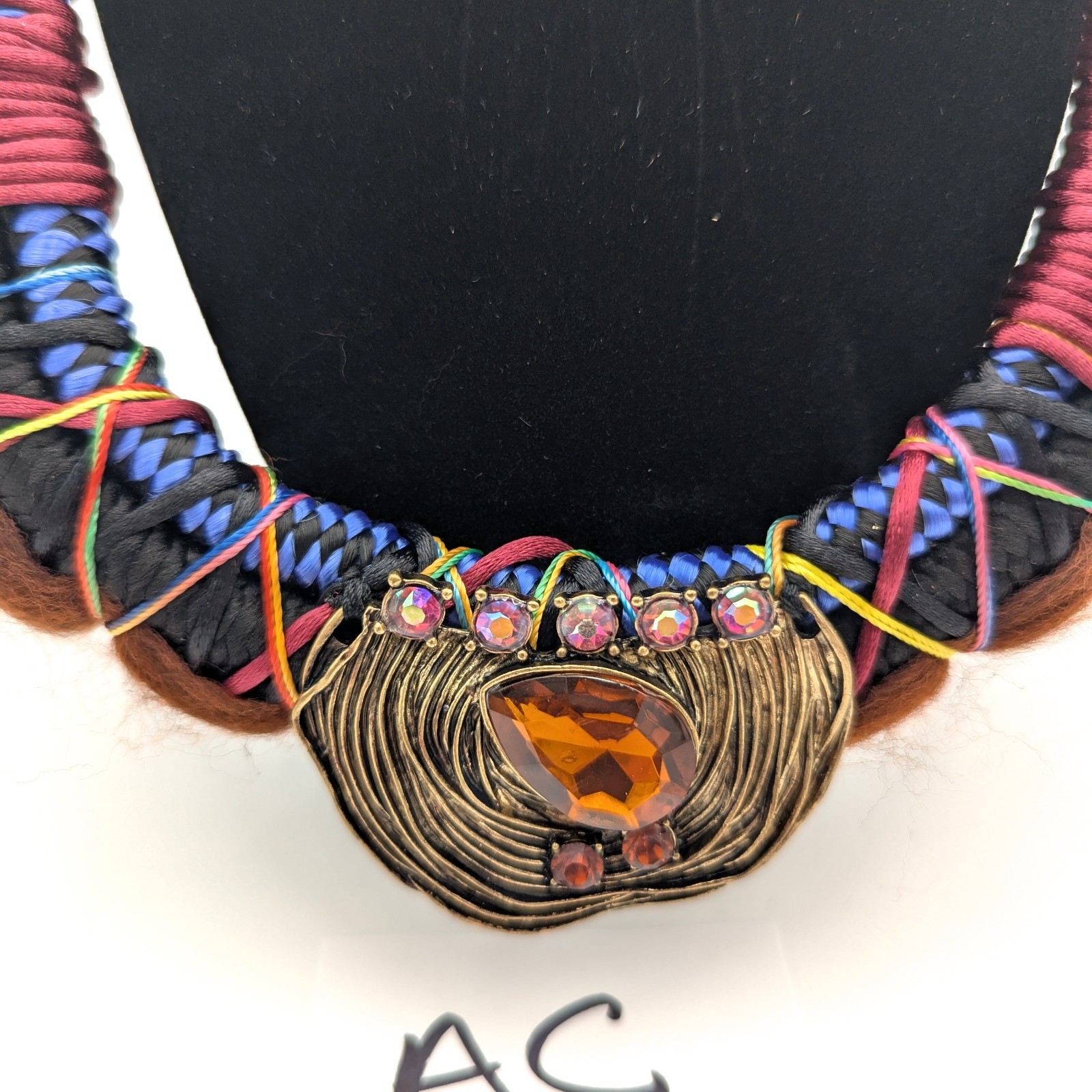 Vintage Victorian Revival Necklace Handmade Fiber Macrame Rhinestone Amber Stud