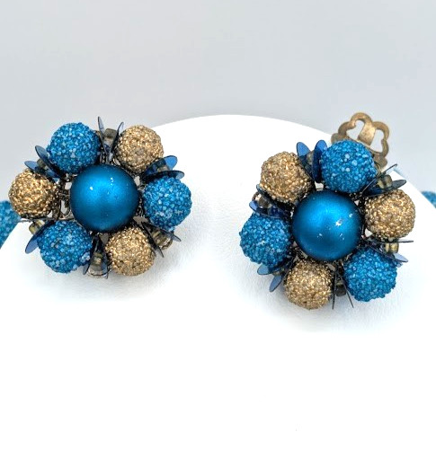 Vintage JAPAN Necklace Earring Set Blue Sugar Bead Floral Cluster