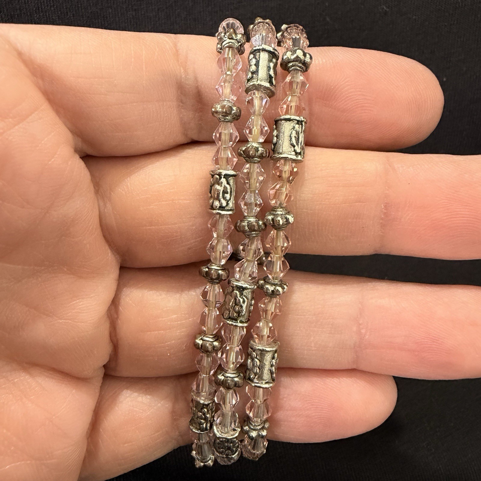Vintage Pink Crystal Beaded Wrap Bracelet Multi Strand Stretch 6.75in