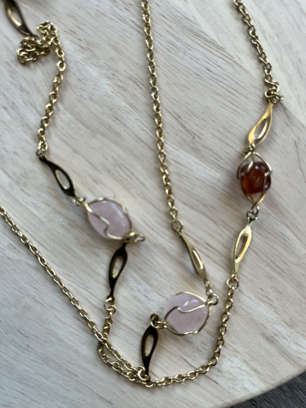 Vintage Gold Tone Wire Wrapped Multicolor Quartz Bead Necklace 22”Long
