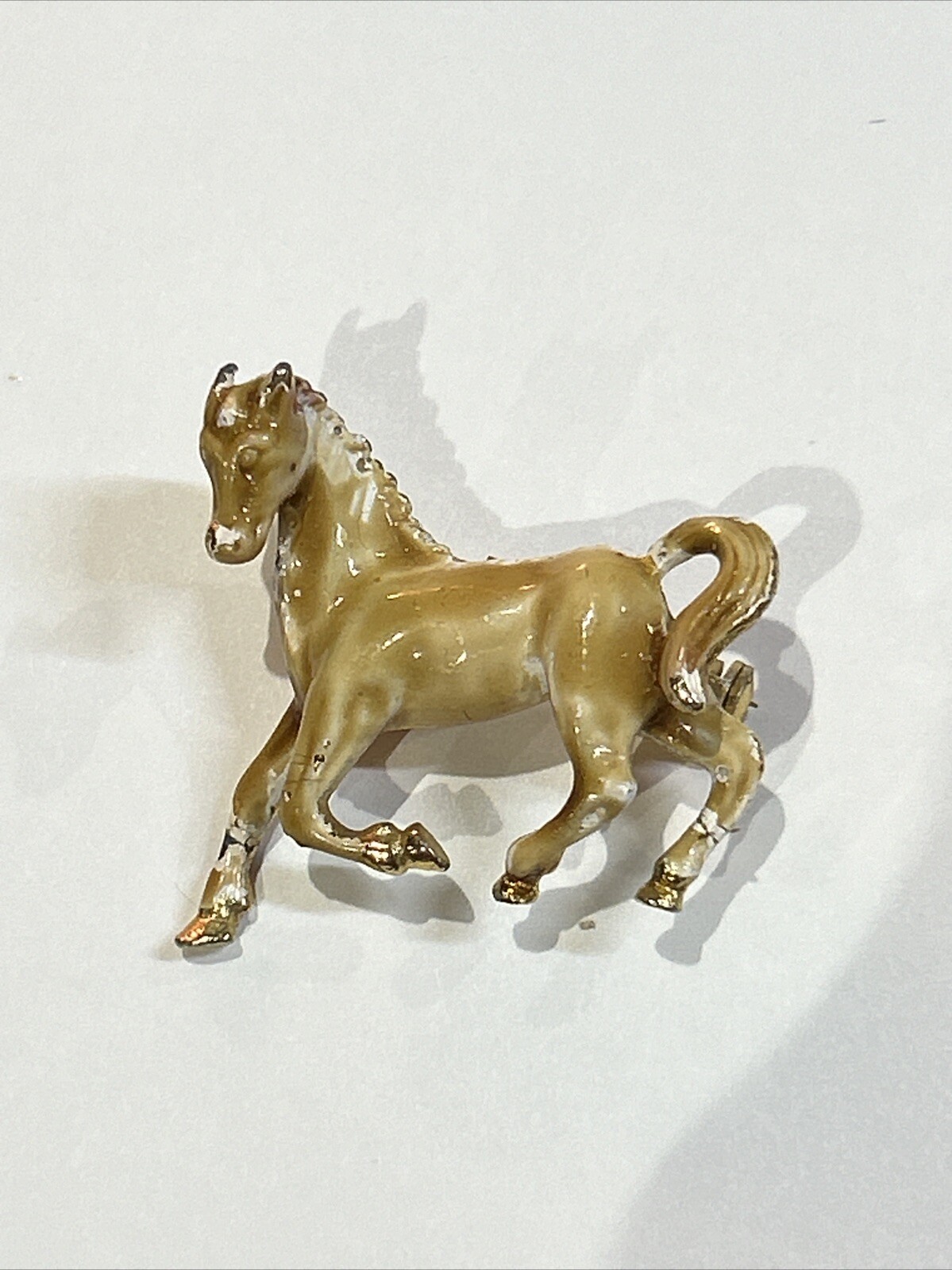 Vintage Enamel Gold Tone Running Horse Equestrian Brooch Pin