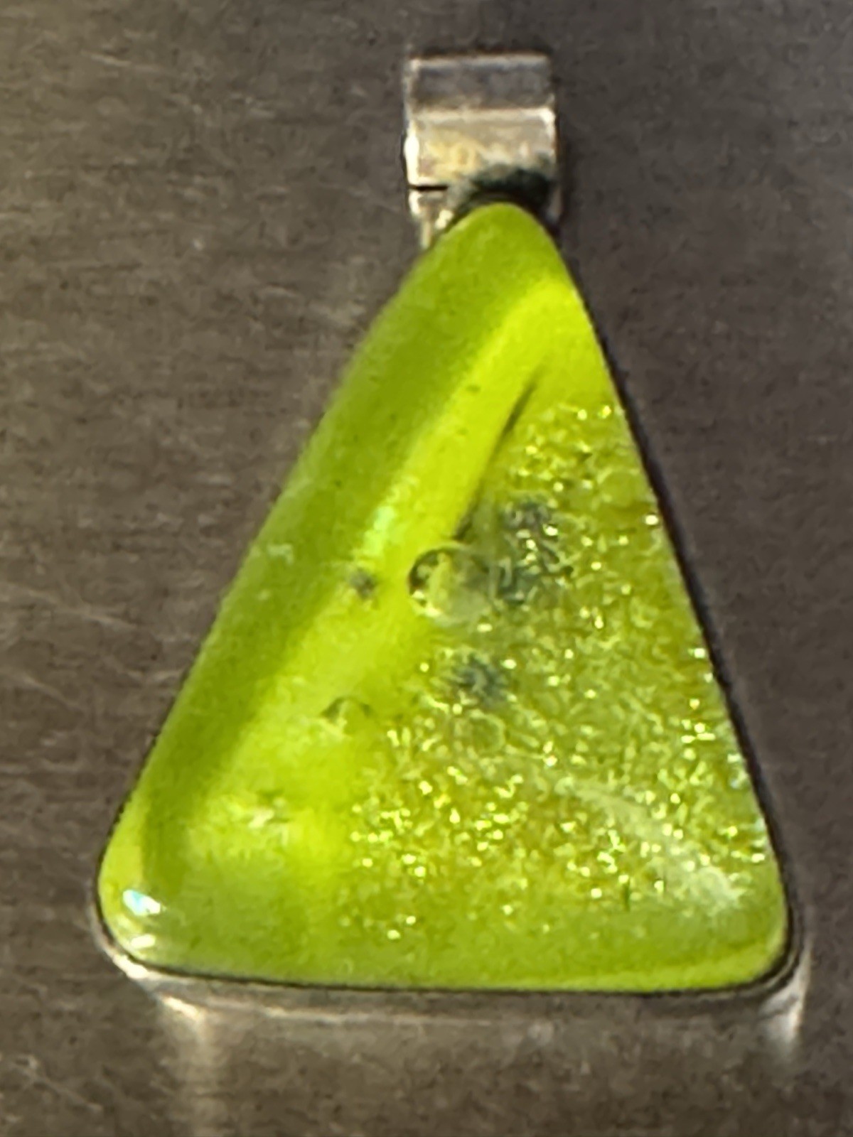 Sterling Silver Fused Lime Green Glass Pendant Triangle 1 1/4″