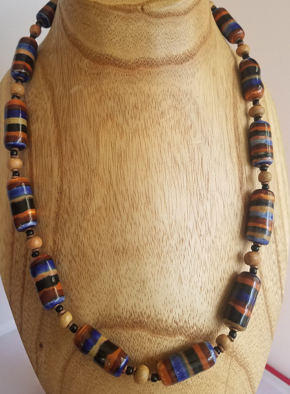Vintage Ceramic Bead Necklace Orange Blue Brown Stripe Wood Beads Earth Tones