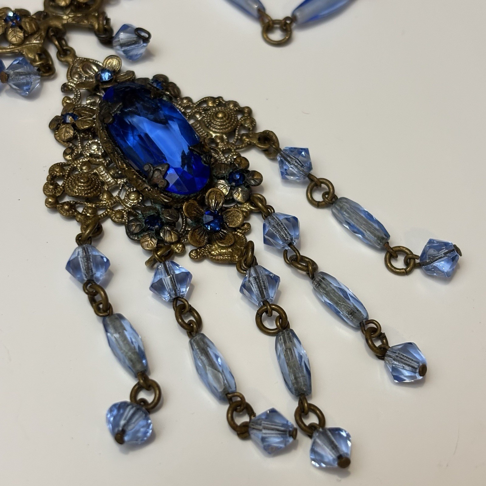 Vtg Czech Art Deco Brass Filigree Sapphire Blue Glass Fringe Festoon Necklace