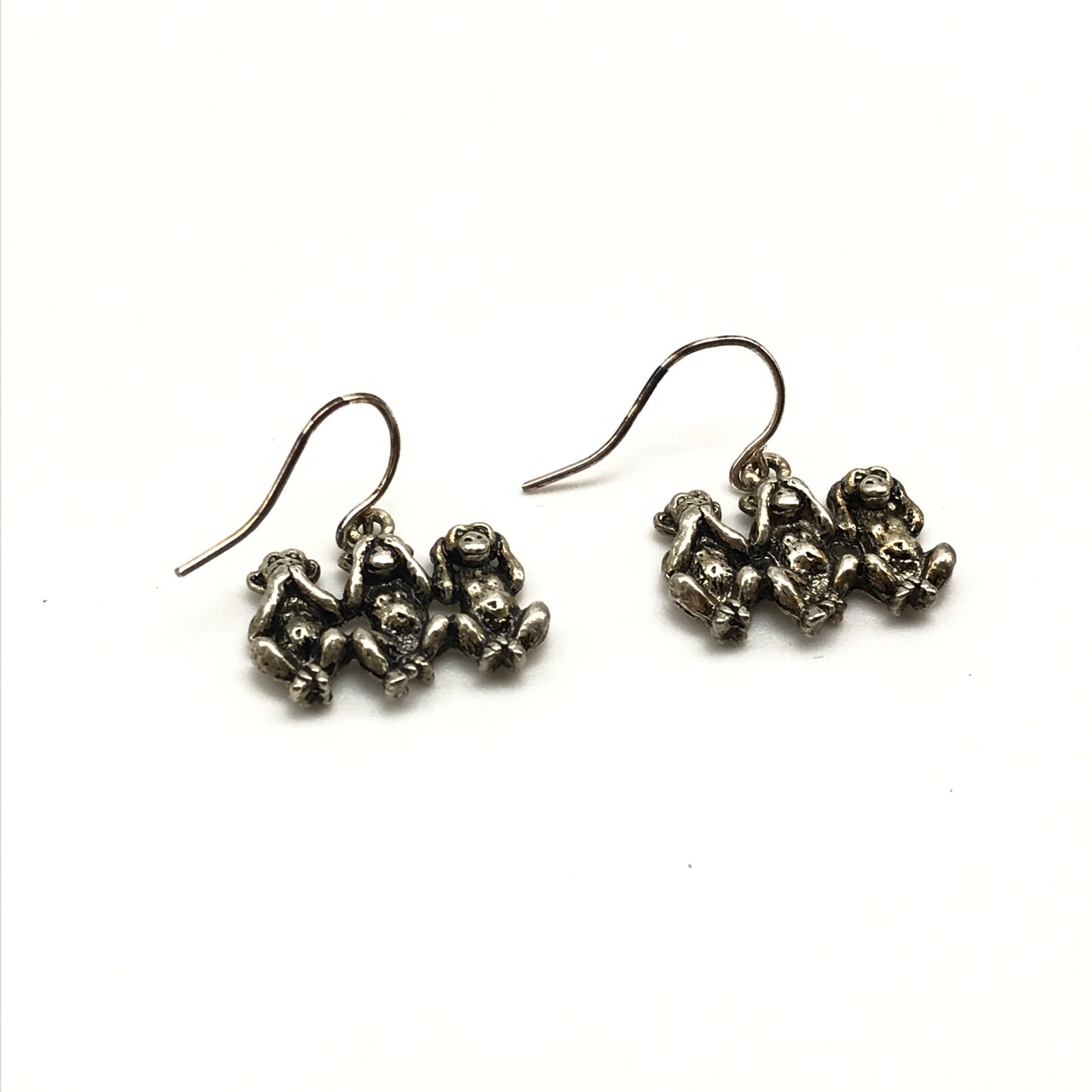 Vintage Silver Tone Triple Monkey Animal Themed Dangle Earrings